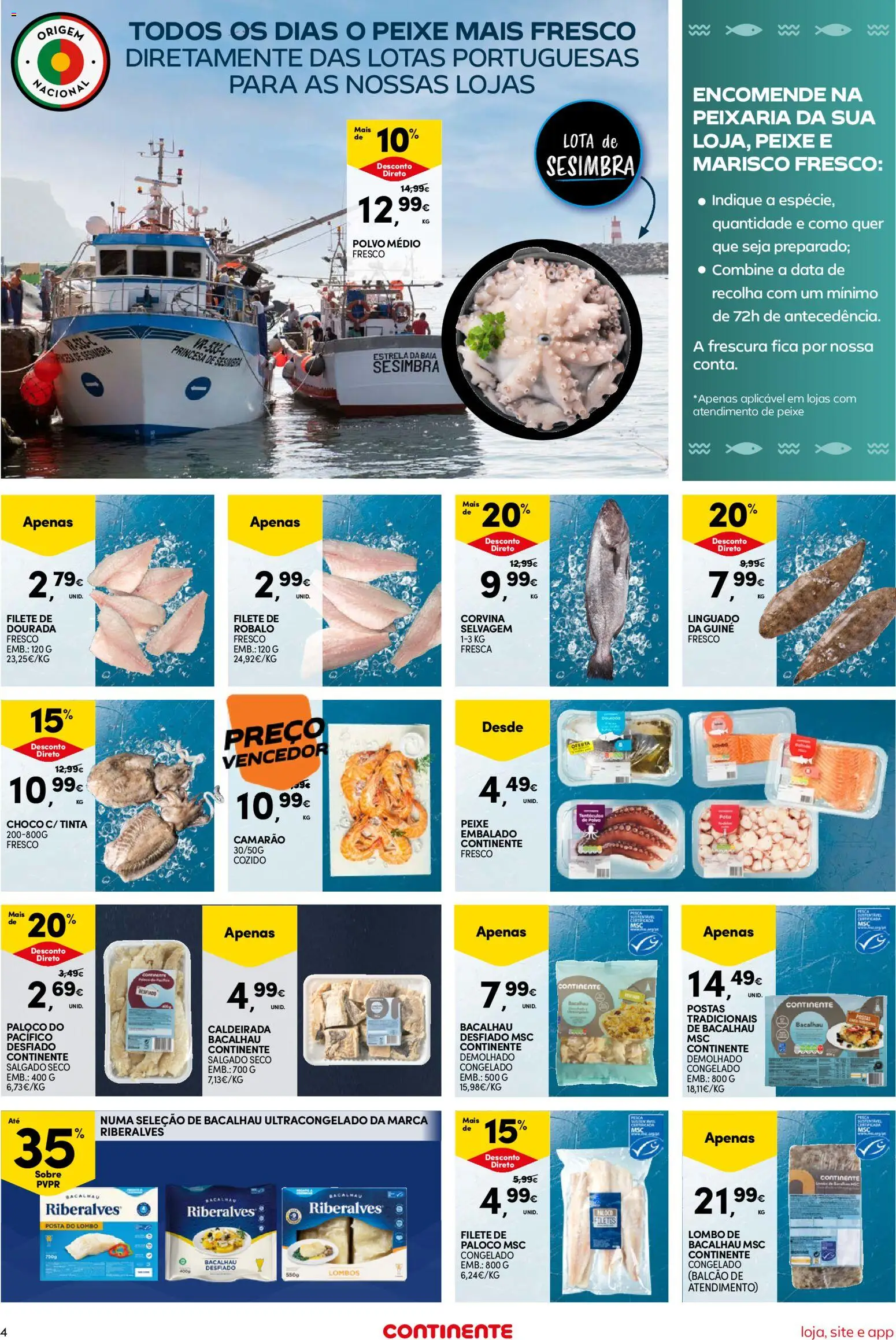 Continente Semanal Continente Bom Dia │ válido de 21.04.2026 | Página: 4 | Produtos: Bacalhau, Polvo, Linguado, Lombo