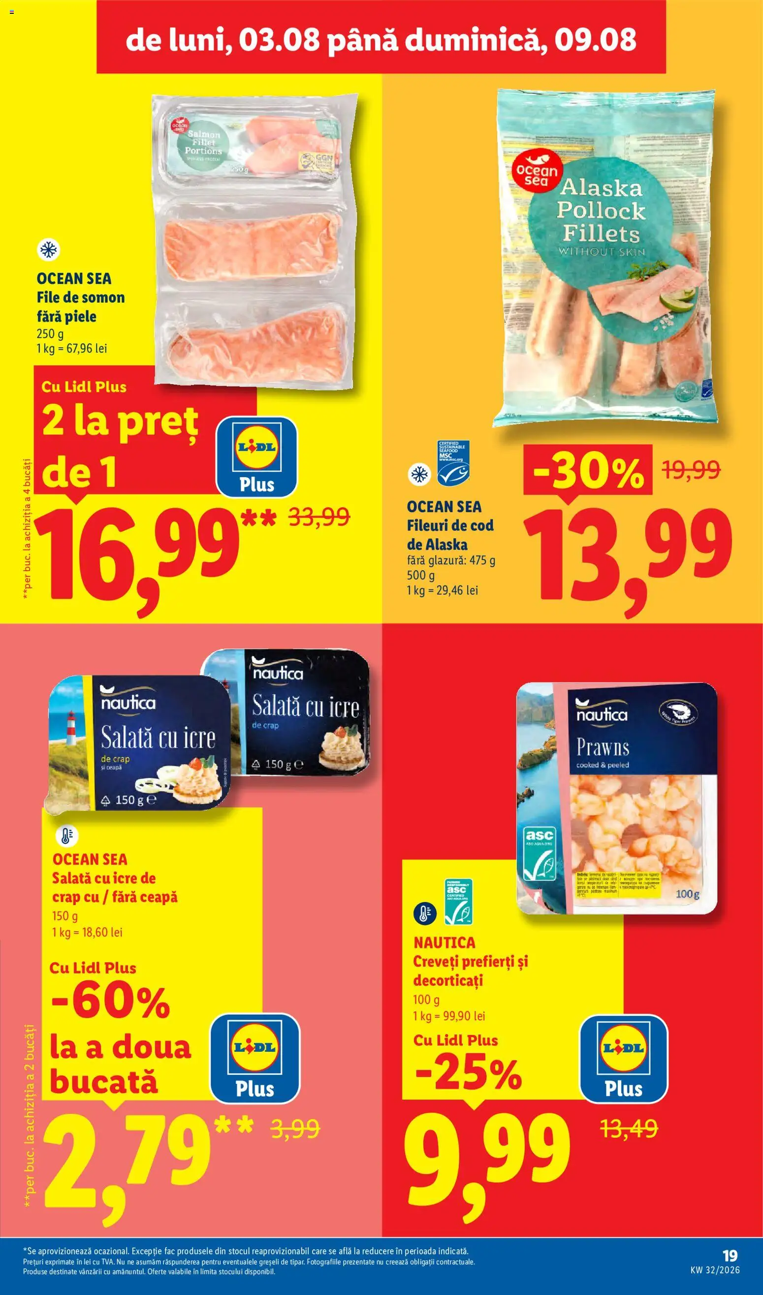 Noul catalog Lidl – valabil de la 03.08.2026 | Pagină: 19 | Produse: Somon, Salată cu icre, Ceapă, Plus
