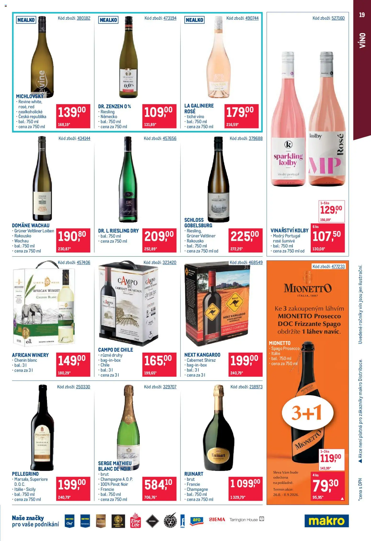 Makro leták - Gastronomie od 26.08.2026 | Strana: 19 | Produkty: Mionetto Prosecco, Frizzante, Mionetto, Grüner Veltliner