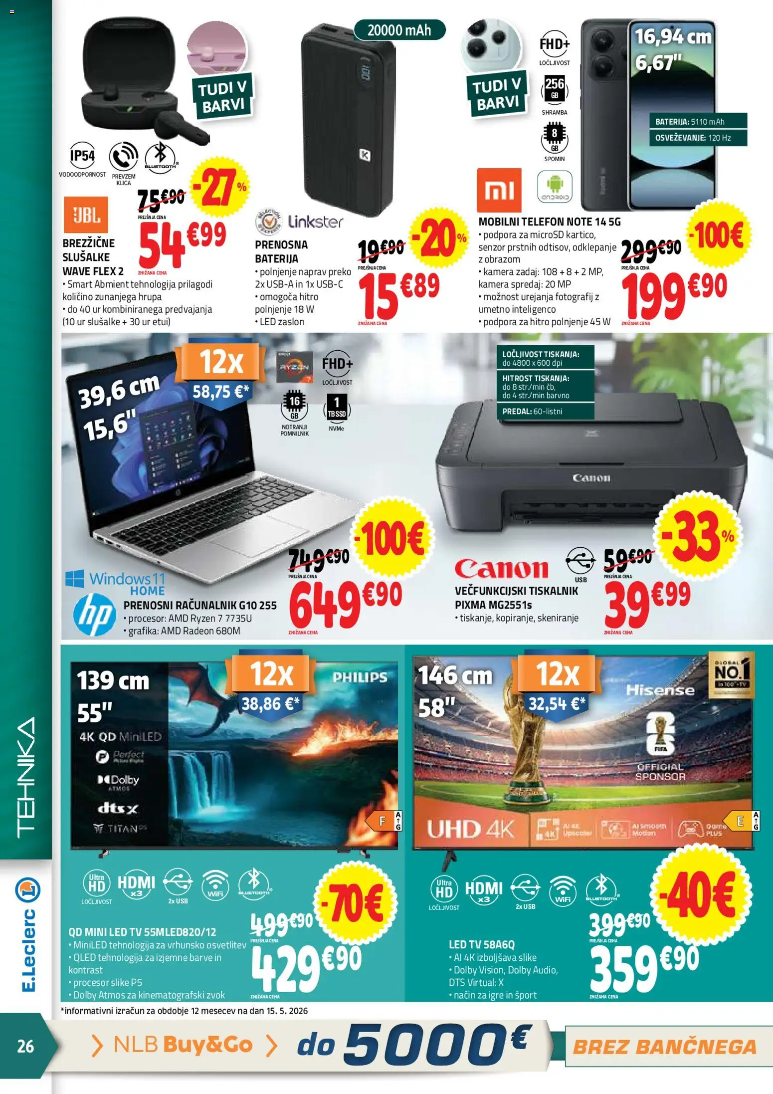 Novi E.leclerc katalog ponudbe – veljaven od 27.05.2026 | Stran: 26 | Izdelki: Prenosni racunalnik, Tiskalnik, Slusalke, Led tv