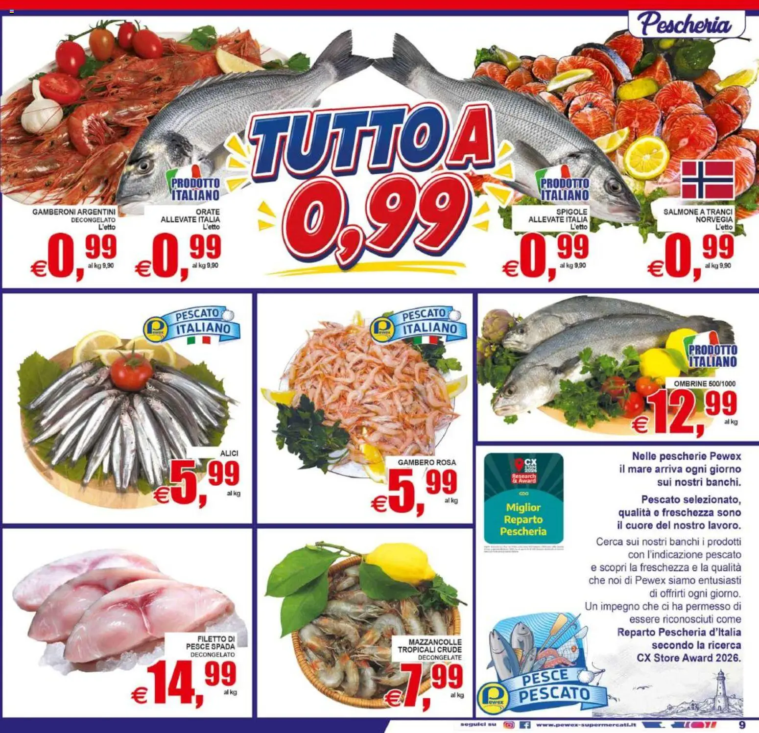 Volantino Pewex del 31/07/2026 | Pagina: 9 | Prodotti: Filetto di pesce, Salmone, Gamberoni, Alici