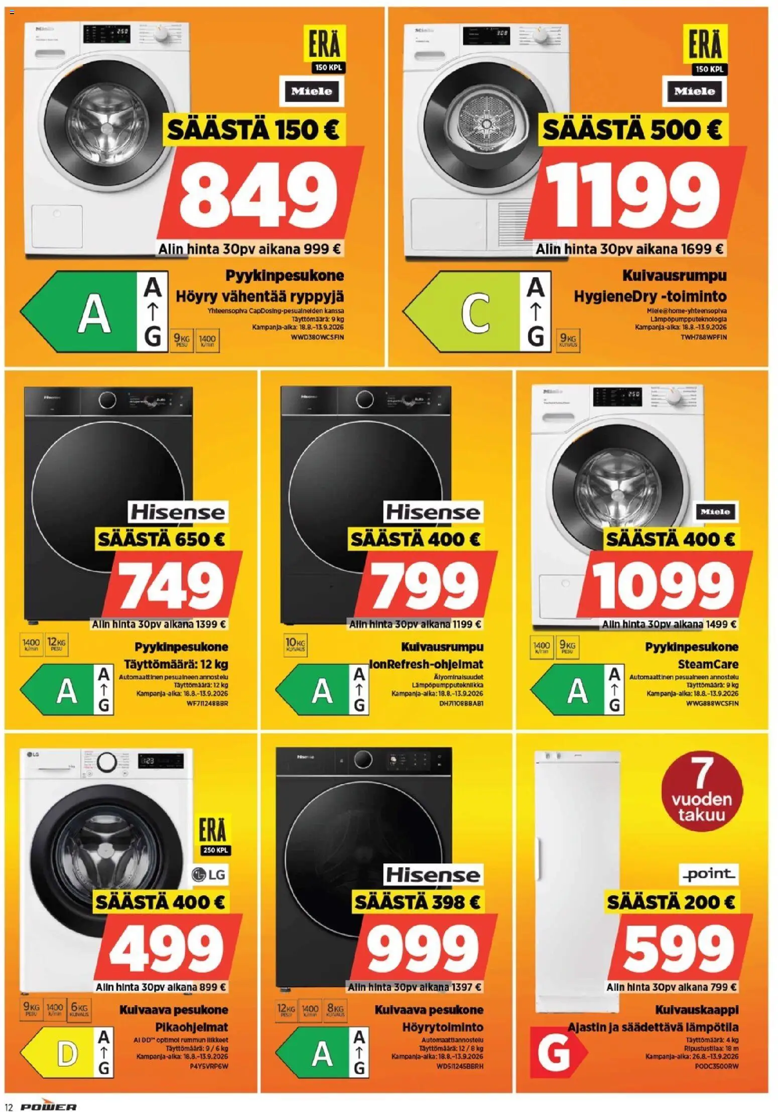 Power tarjoukset – voimassa 31/08/2026 alkaen | Sivu: 12 | Tuotteet: Pesukone, Kuivausrumpu, Kuivaava pesukone