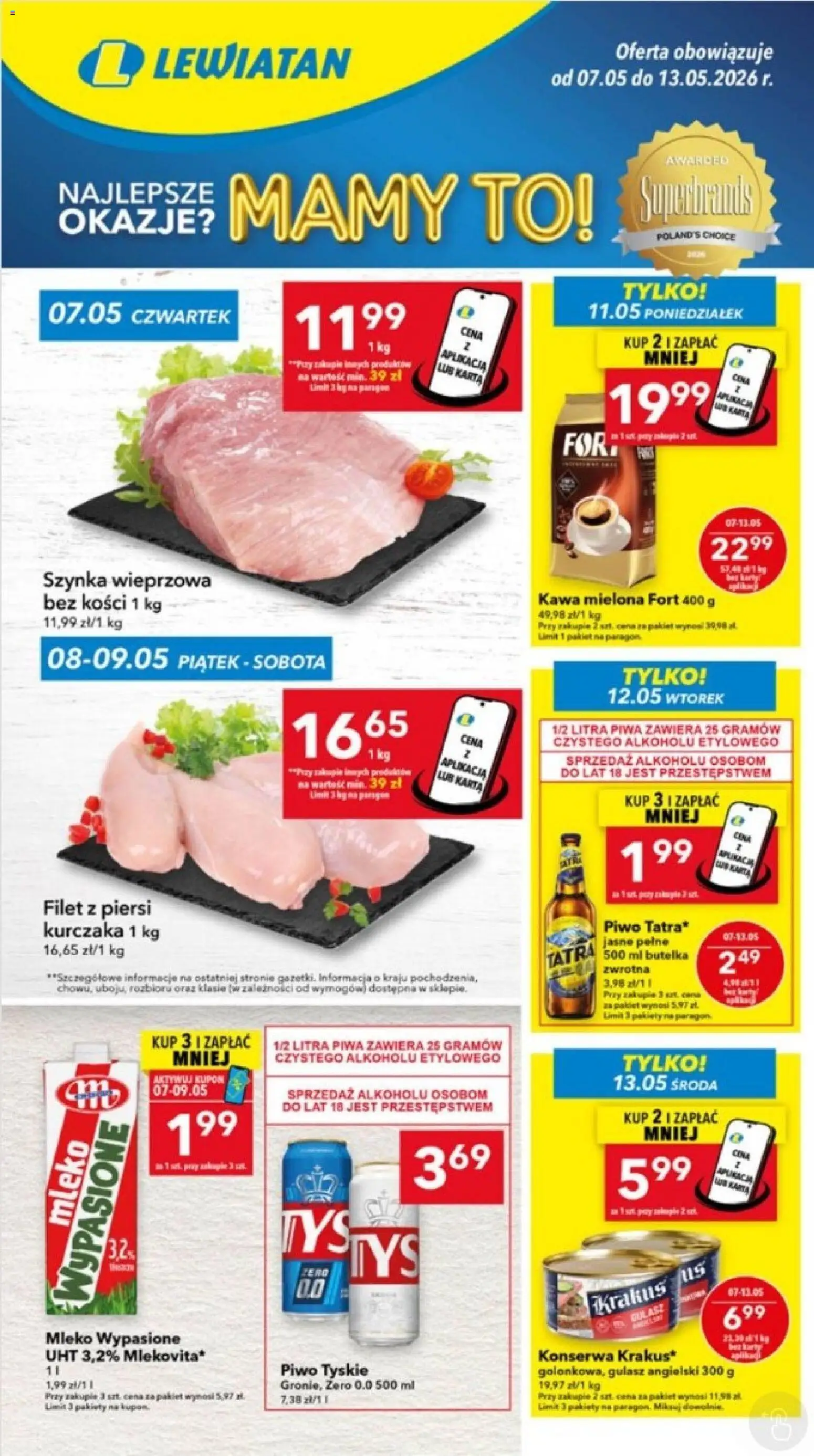 Lewiatan gazetka - Lublin od 07.05.2026 | Strona: 1 | Produkty: Mleko wypasione, Szynka wieprzowa, Kawa, Piwo