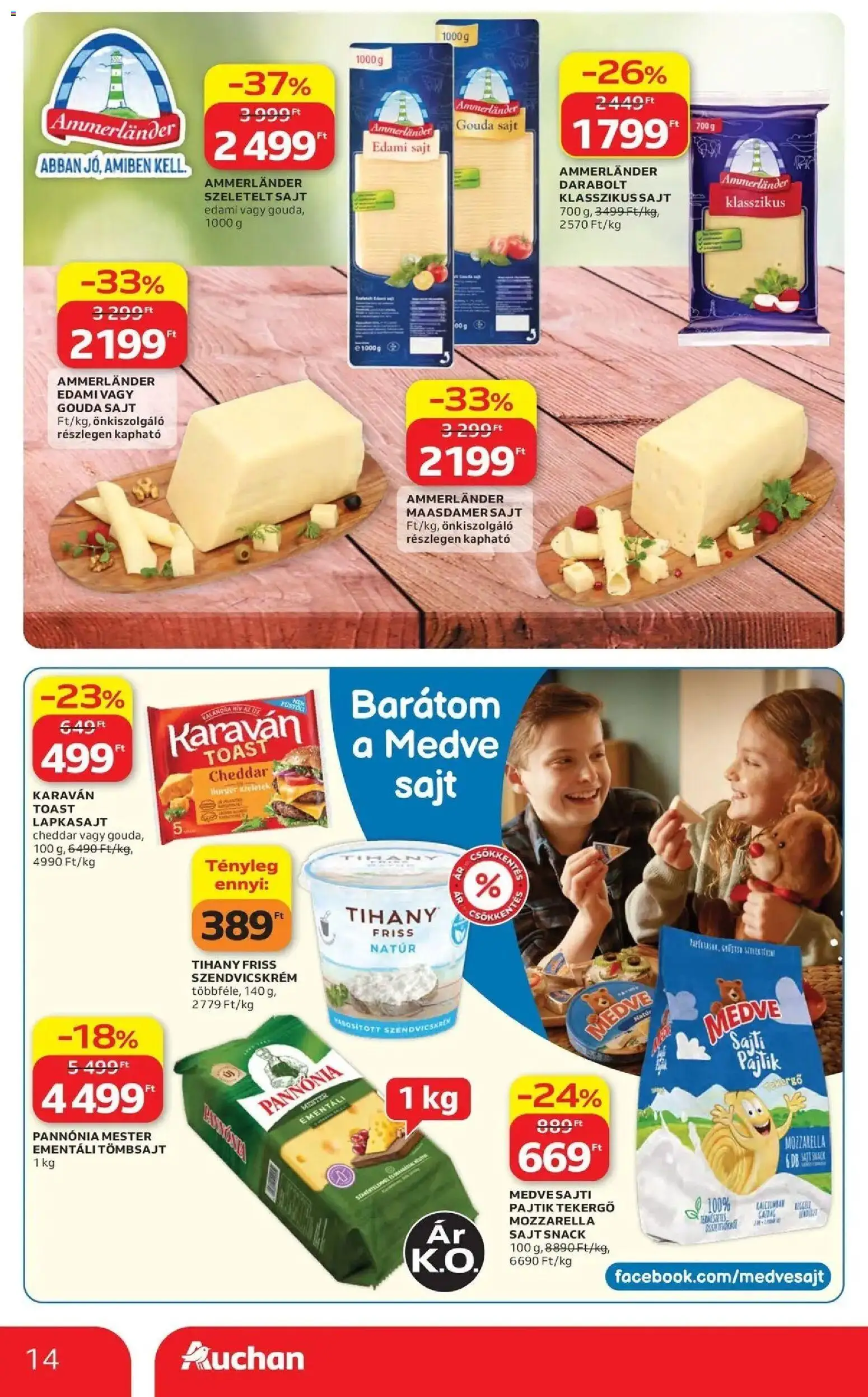 Auchan akciós újság Szolnok - 2026.08.27. -tól/töl > akció, lapozható szórólap 🛍️ | Oldal: 14 | Termékek: Mozzarella, Edami sajt, Tihany, Cheddar sajt