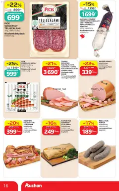 AUCHAN KEDVENC CSEMEGE TÉLISZALÁMI VAGY PAPRIKÁS NEMESPENÉSZES SZALÁMI, AUCHAN KEDVENC CSEMEGE TÉLISZALÁMI VAGY PAPRIKÁS NEMESPENÉSZES SZALÁMI 400 g - amely érvényes a következő dátumtól: 2026.09.24. | Oldal: 16