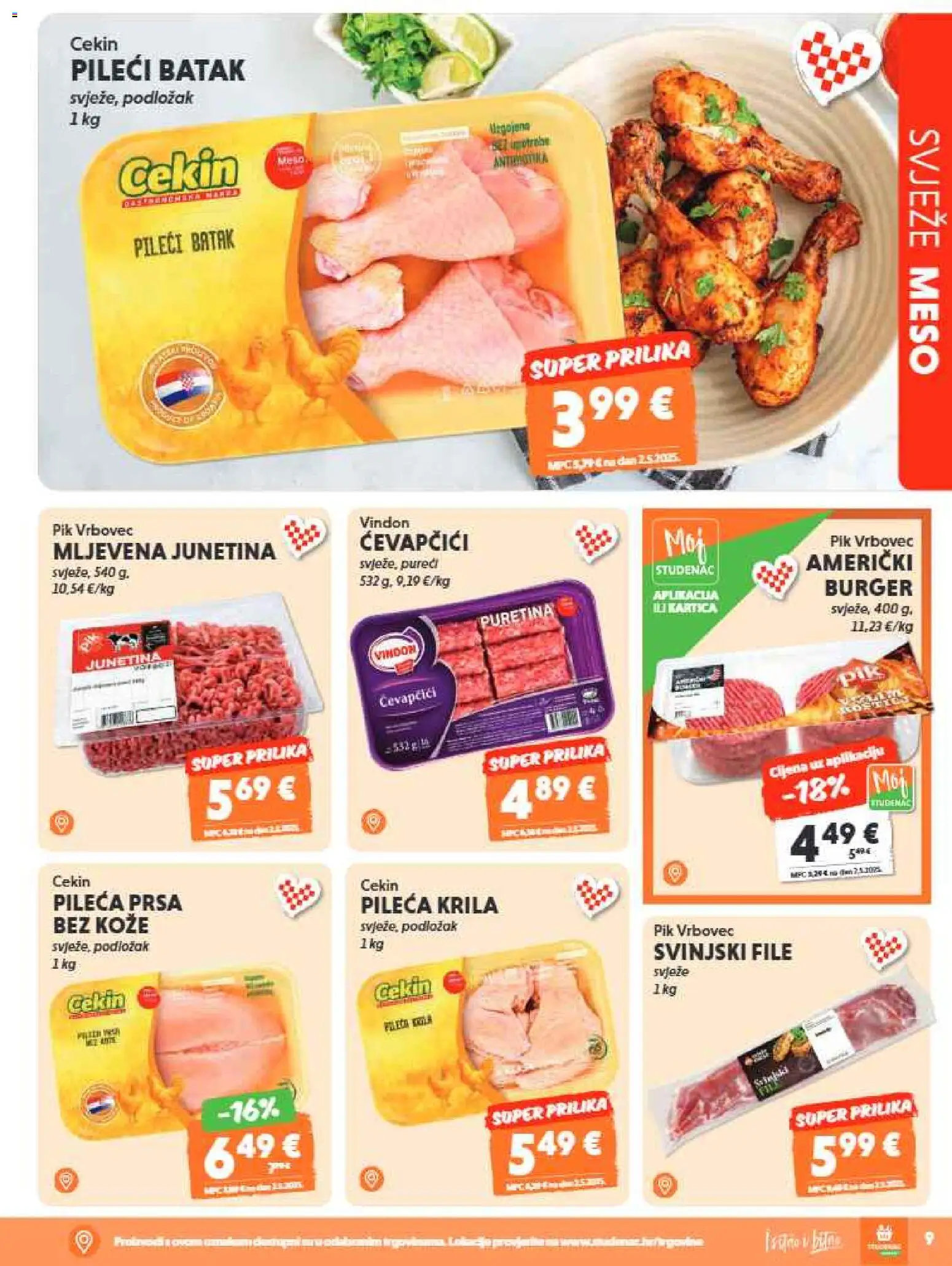 Studenac katalog | vrijedi od 15.07.2026 | Stranica: 9 | Proizvodi: Meso, Svinjski file, Ćevapčići, Pileća prsa