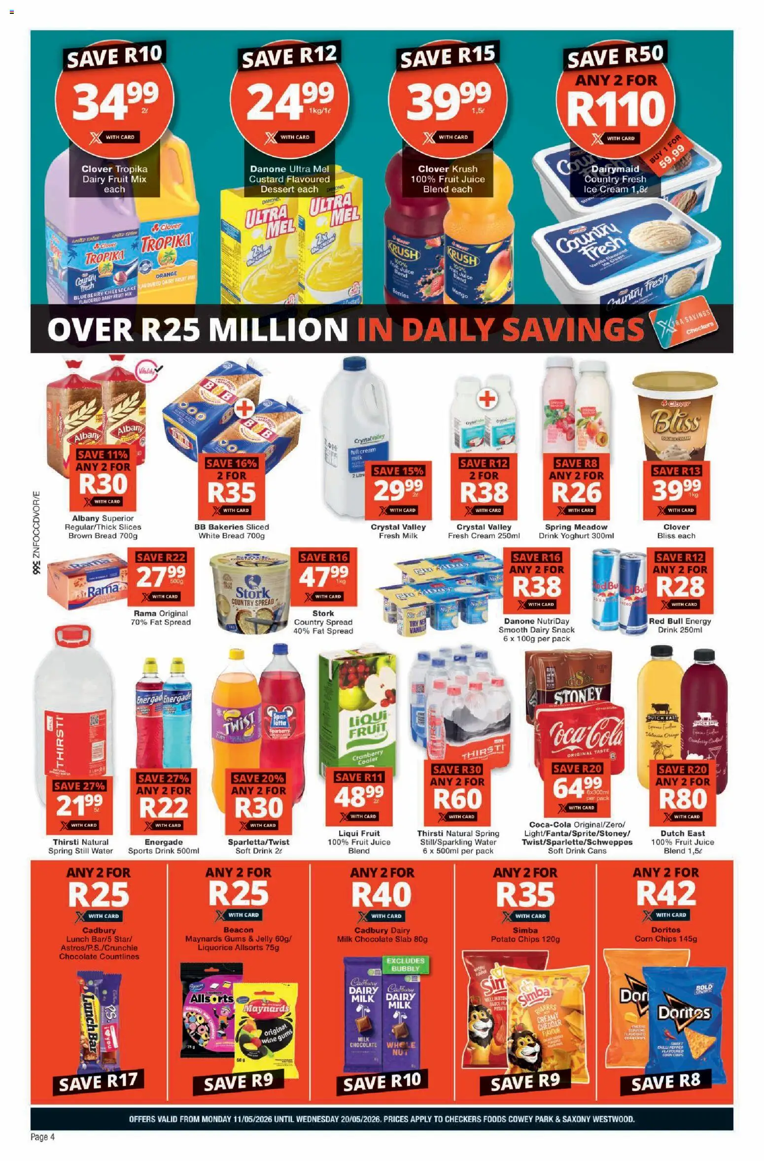New Checkers catalogue – valid from 11.05.2026 | Page: 4 | Products: Corn, Pó talco, Juice, Water