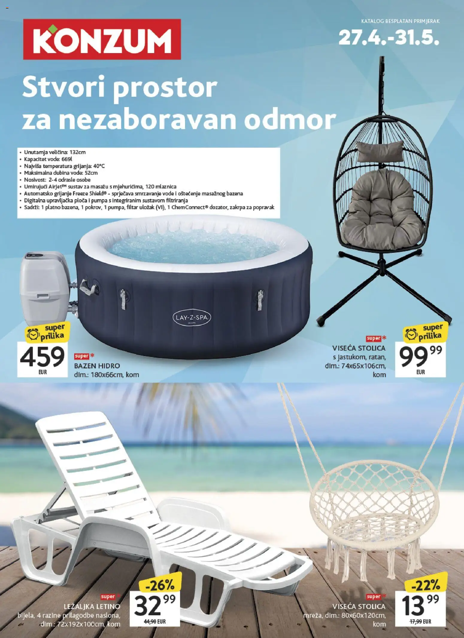 Konzum katalog | vrijedi od 27.04.2026 | Stranica: 1 | Proizvodi: Ležaljka, Stolica, Bazen