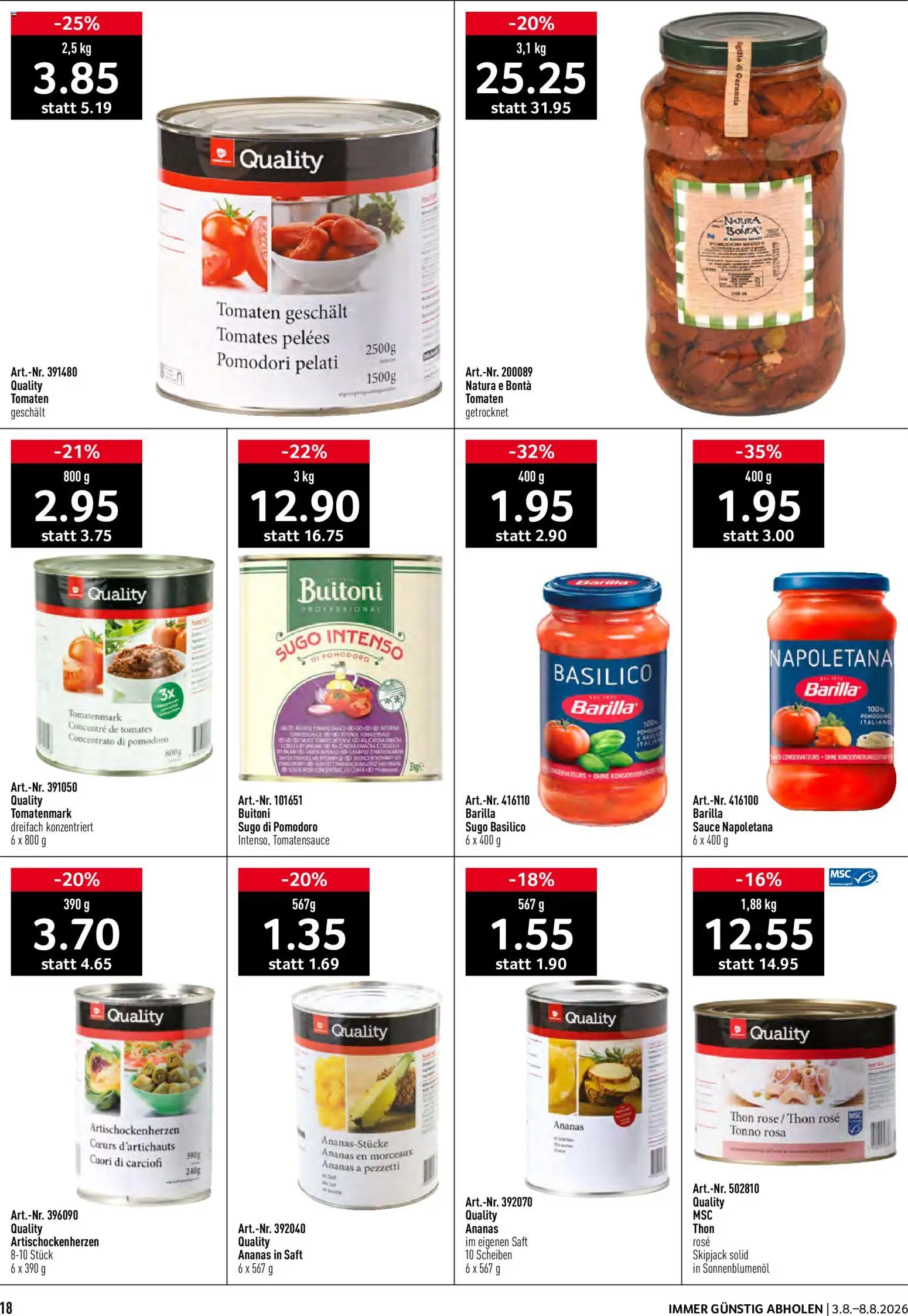 Prodega aktionen – gültig ab 03.08.2026 | Seite: 18 | Produkte: Barilla, Saft, Tomaten, Ananas