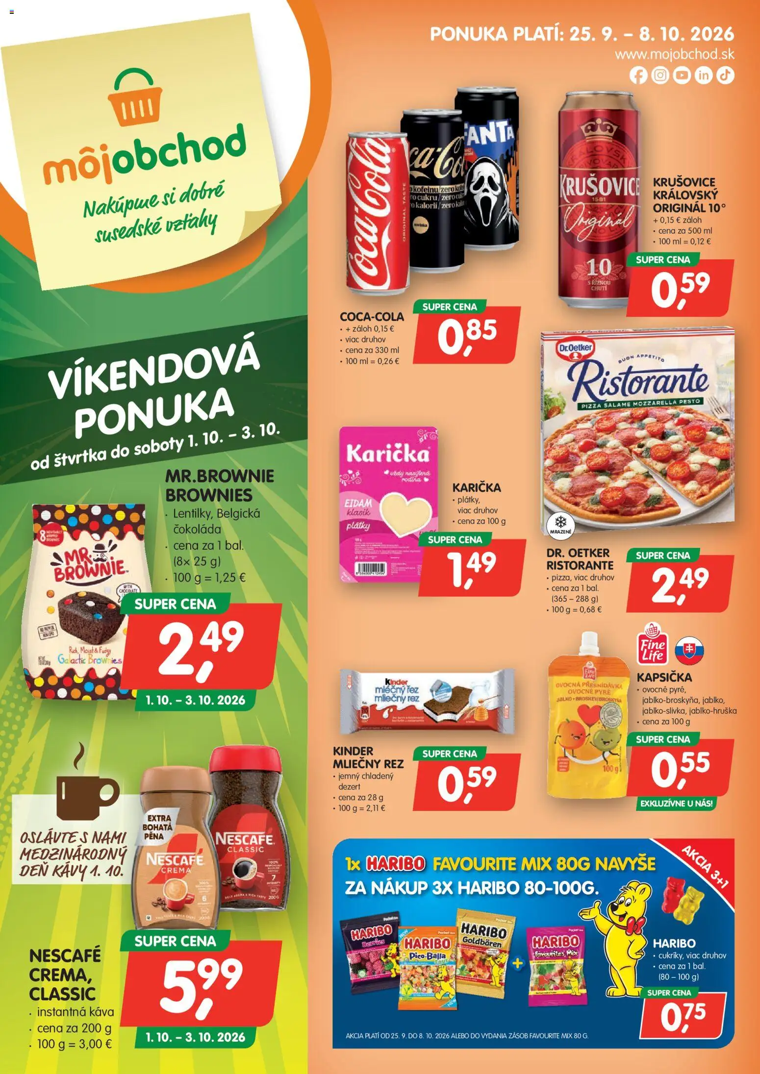 Nové Môj obchod akcie – leták je platný od 25.09.2026 | Strana: 1 | Produkty: Kinder, Brownies, Nescafé Classic, Pena