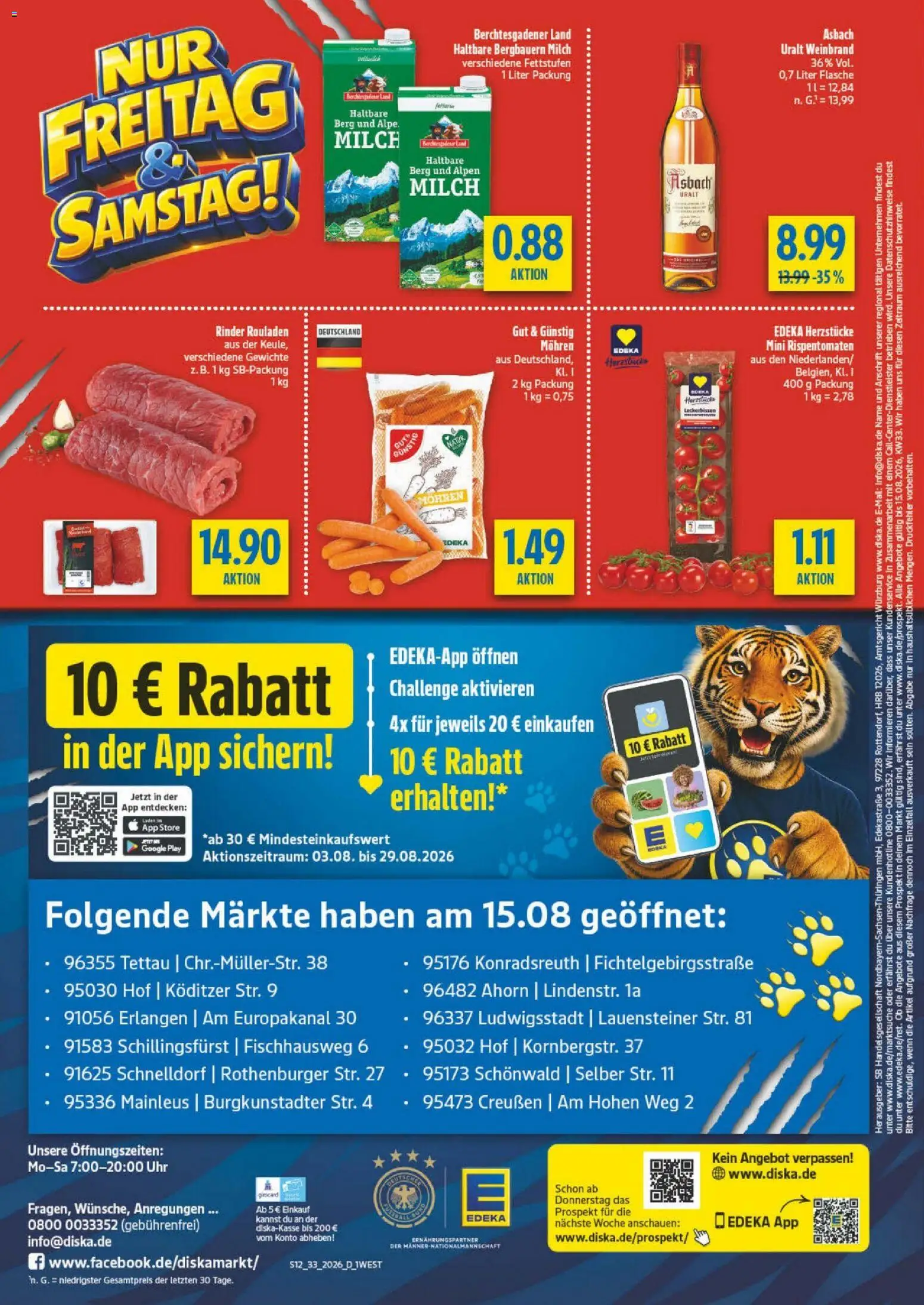 Diska - Diska Angebote Bayern KW33 – gültig ab 10.08.2026 | Seite: 12 | Produkte: Milch, Mohren, Uhr, Asbach