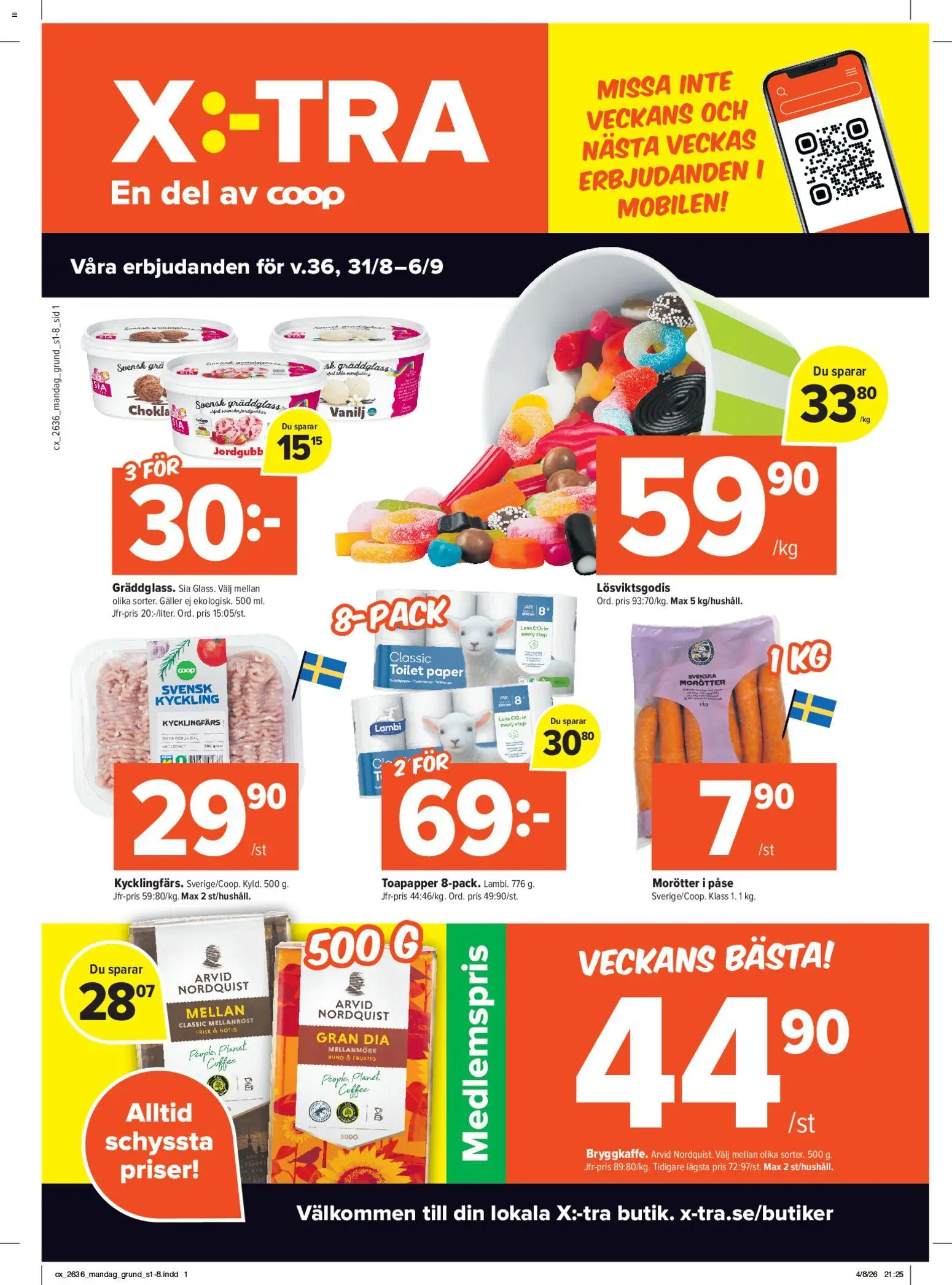 Coop X:-TRA reklamblad aktuell från 31/08/2026 | Sida: 1 | Produkter: Galler, Morötter, Kyckling