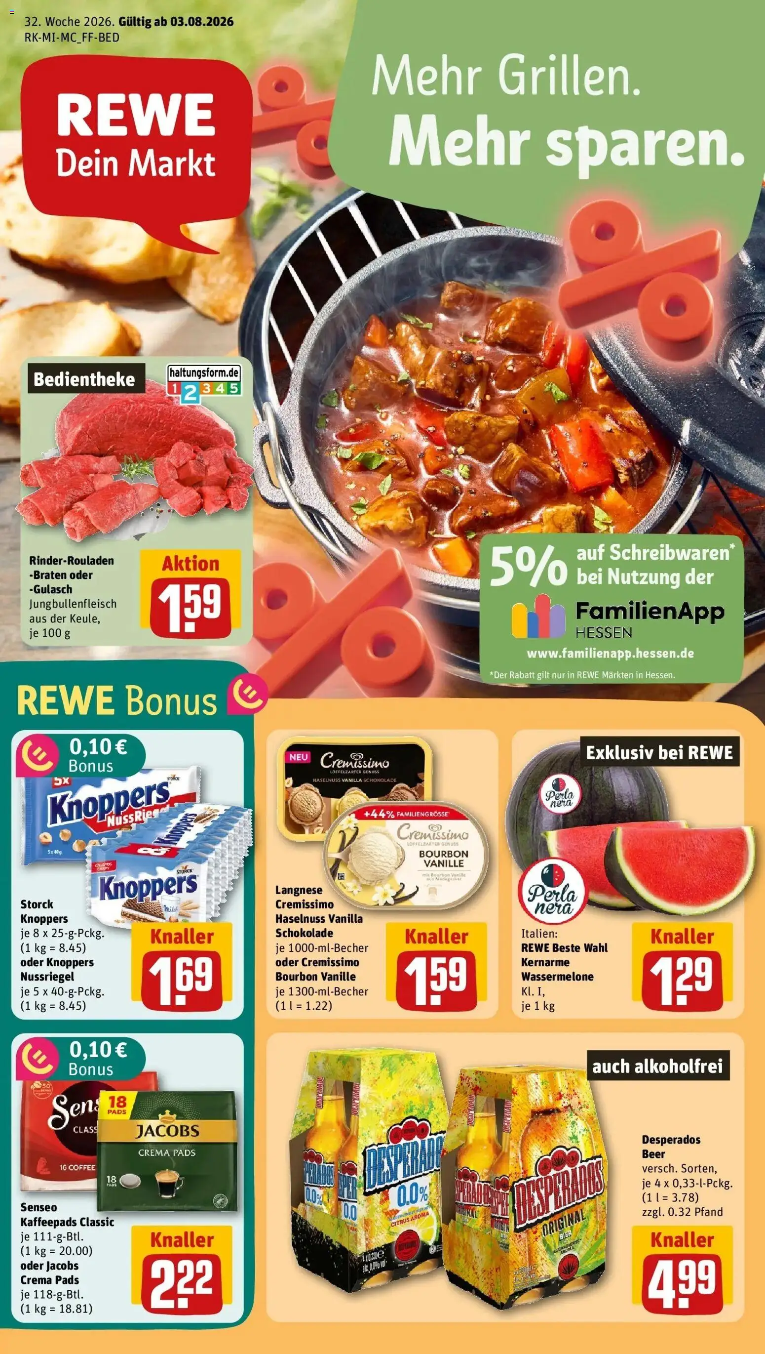 REWE Prospekt ab 03.08.2026 zum Blättern » Angebote | Seite: 1 | Produkte: Senseo, Cremissimo, Wassermelone, Bourbon