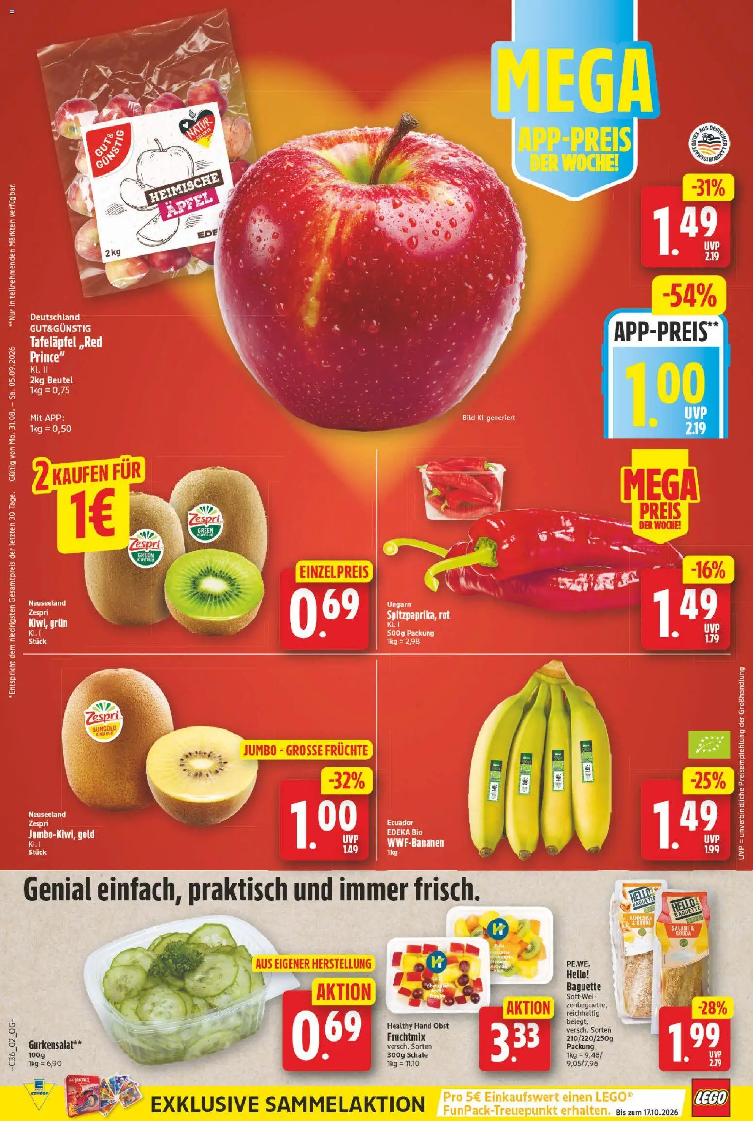 E center Prospekt – gültig ab 31.08.2026 | Seite: 2 | Produkte: Äpfel, Baguette, Obst, Salami