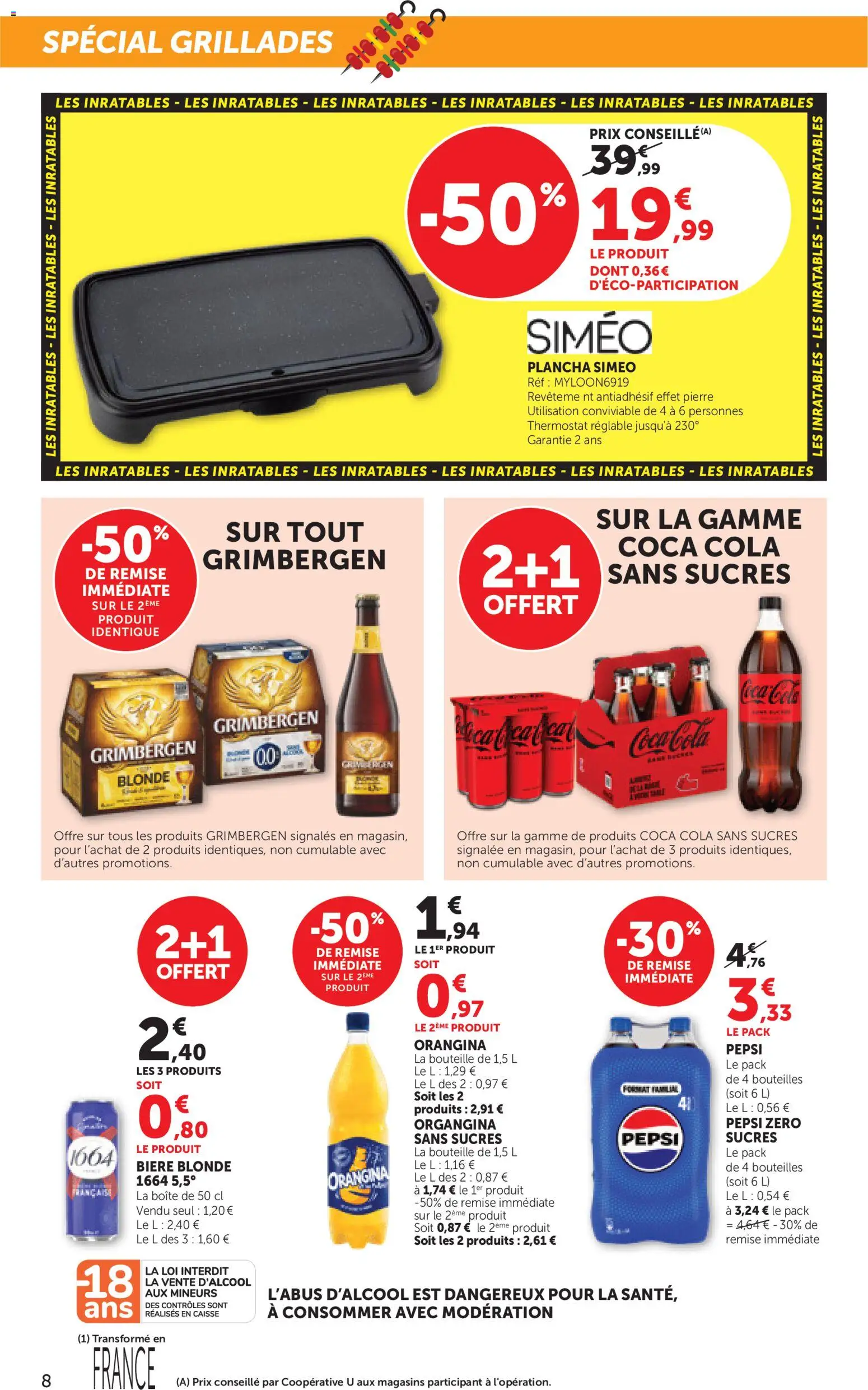 {H1} | Page: 8 | Produits: Orangina, Plancha, Bière blonde, Coca cola