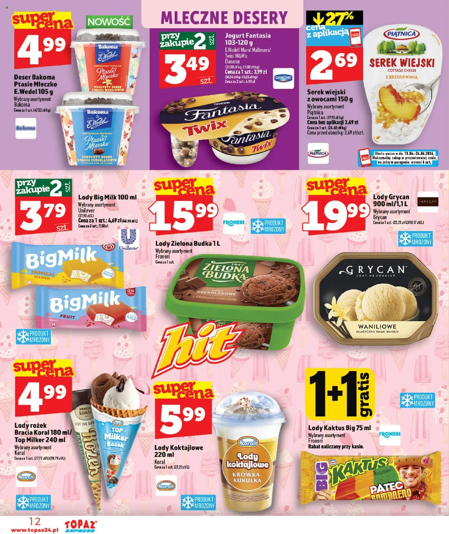 Topaz gazetka - Express od 18.06.2026 | Strona: 12 | Produkty: Serek wiejski, Lody koral, Jogurt, Lody
