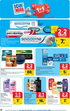 Shampoo, conditioner en verzorging Syoss en Gliss Schwarzkopf, alle soorten, Voorbeeld: anti-klitspray, Total Repair Gliss Schwarzkopf - Voorbeeld van een folder van Carrefour, geldig van 23/09/2026 | Pagina: 28 | Producten: Gel, Douche, Shampoo, Tandpasta