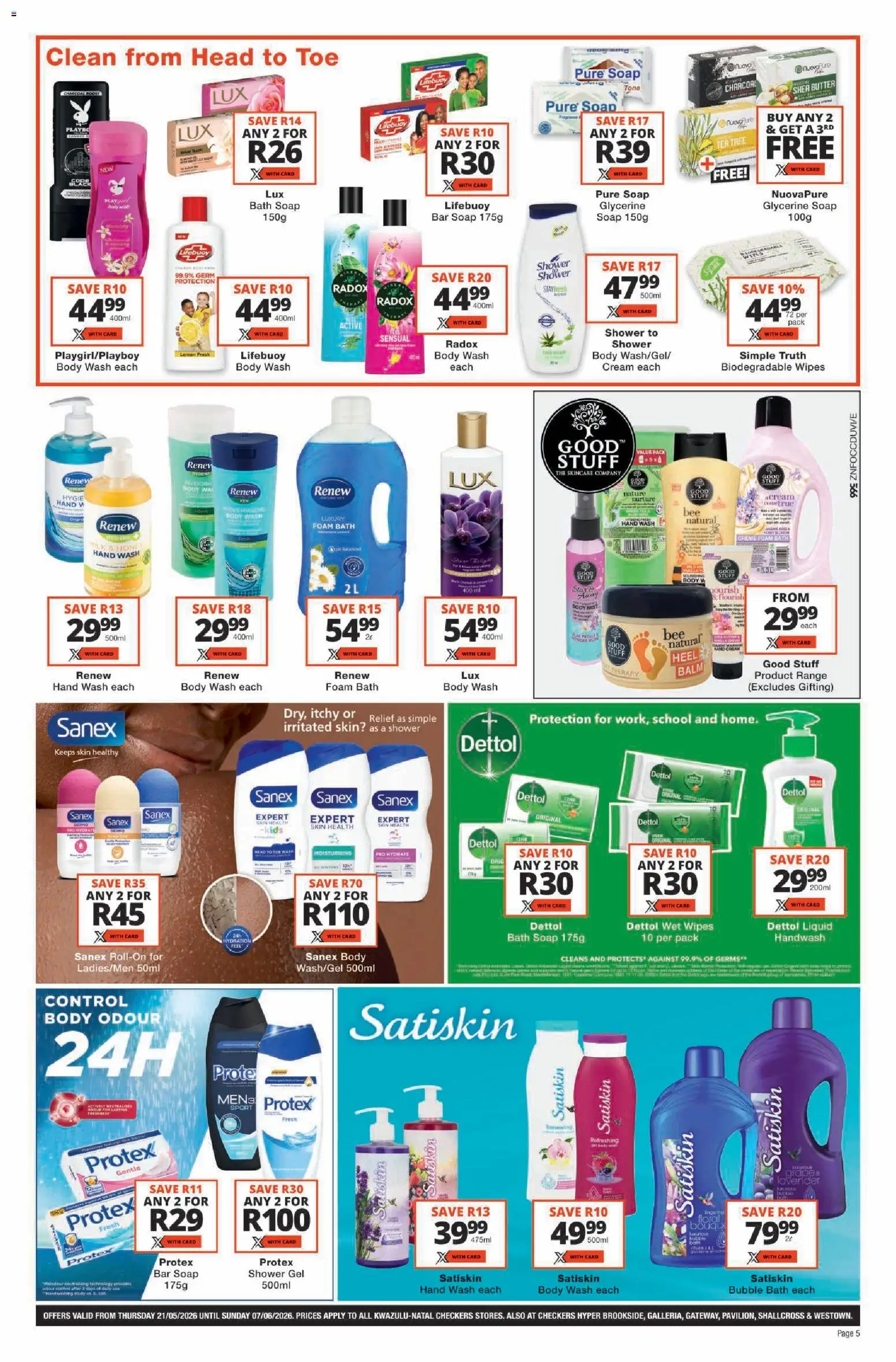 New Checkers catalogue – valid from 21.05.2026 | Page: 5 | Products: Handwash, Butter, Shower gel, Grapes