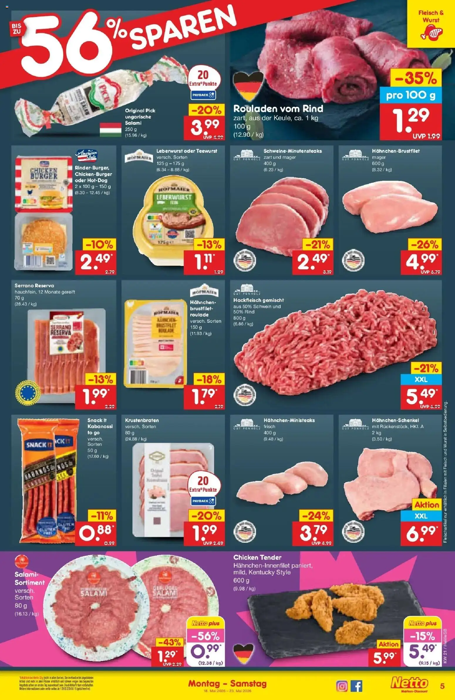 Netto Marken-Discount Prospekt Hamburg	 – gültig ab 17.05.2026 | Seite: 5 | Produkte: Hahnchen, Krustenbraten, Salami, Fleisch