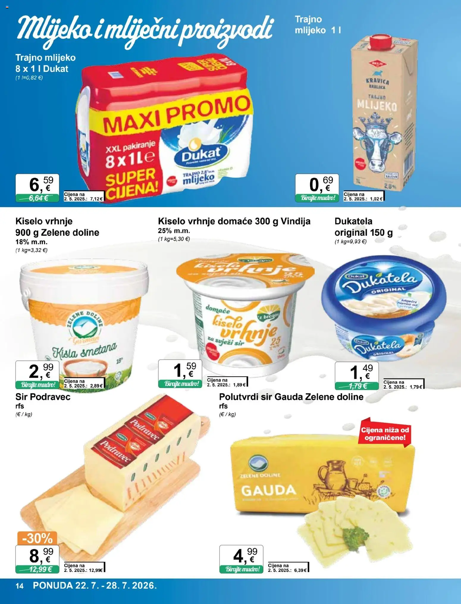 KTC katalog | vrijedi od 22.07.2026 | Stranica: 14 | Proizvodi: Polutvrdi sir, Gauda, Mlijeko, Trajno mlijeko