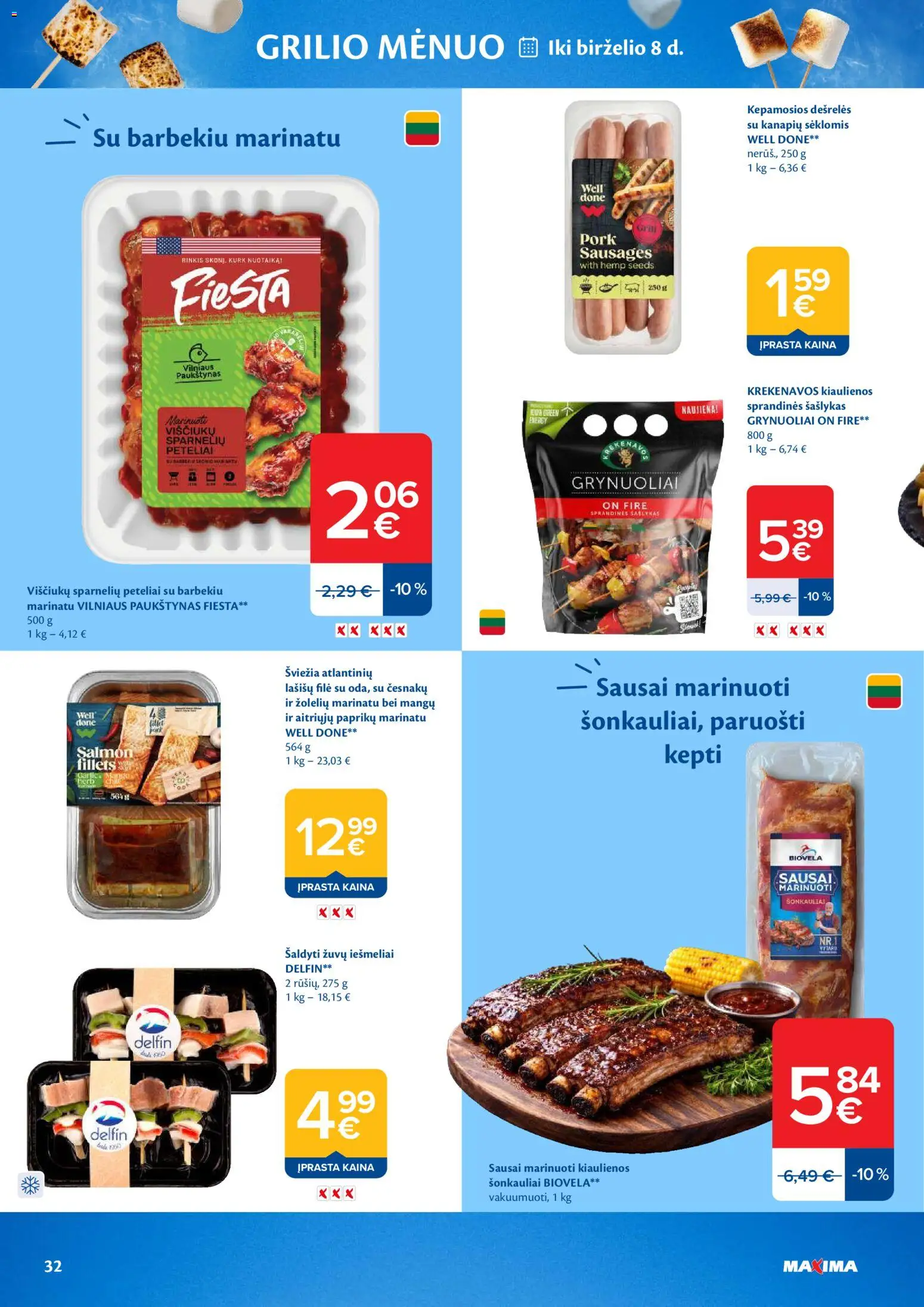 MAXIMA akcijos nuo 19.05.2026 | Puslapis: 32 | Prekių: Kiaulienos, Dešrelės, Viščiukų, Lašišų filė