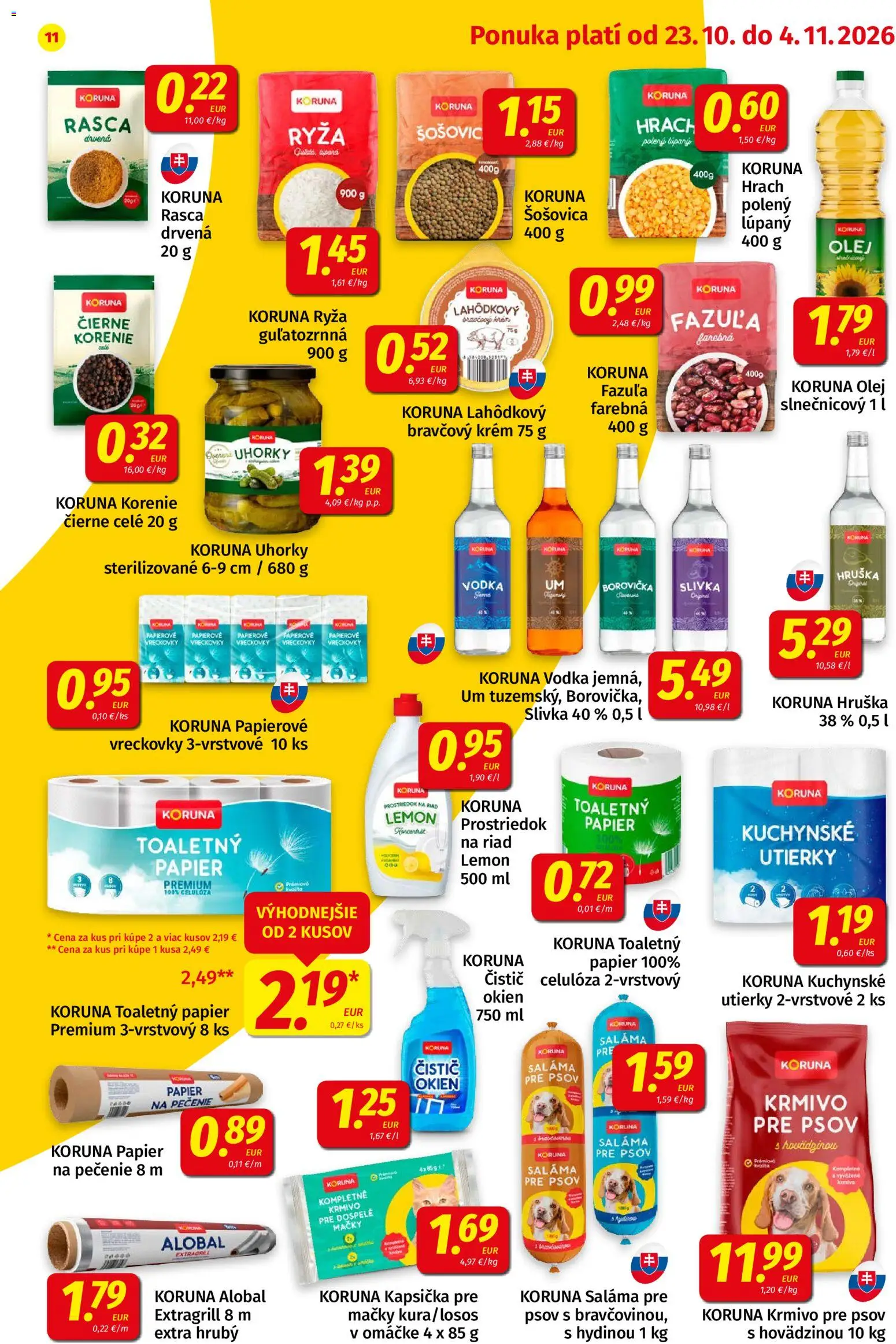 Nové Koruna akcie – leták je platný od 23.10.2026 | Strana: 11 | Produkty: Losos, Vreckovky, Korenie, Utierky