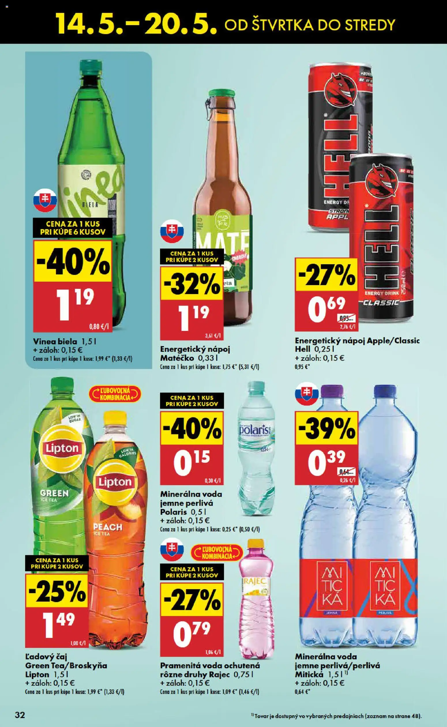 Nové Biedronka akcie – leták je platný od 14.05.2026 | Strana: 32 | Produkty: Čaj, Minerálna voda, Mitická, Energetický nápoj