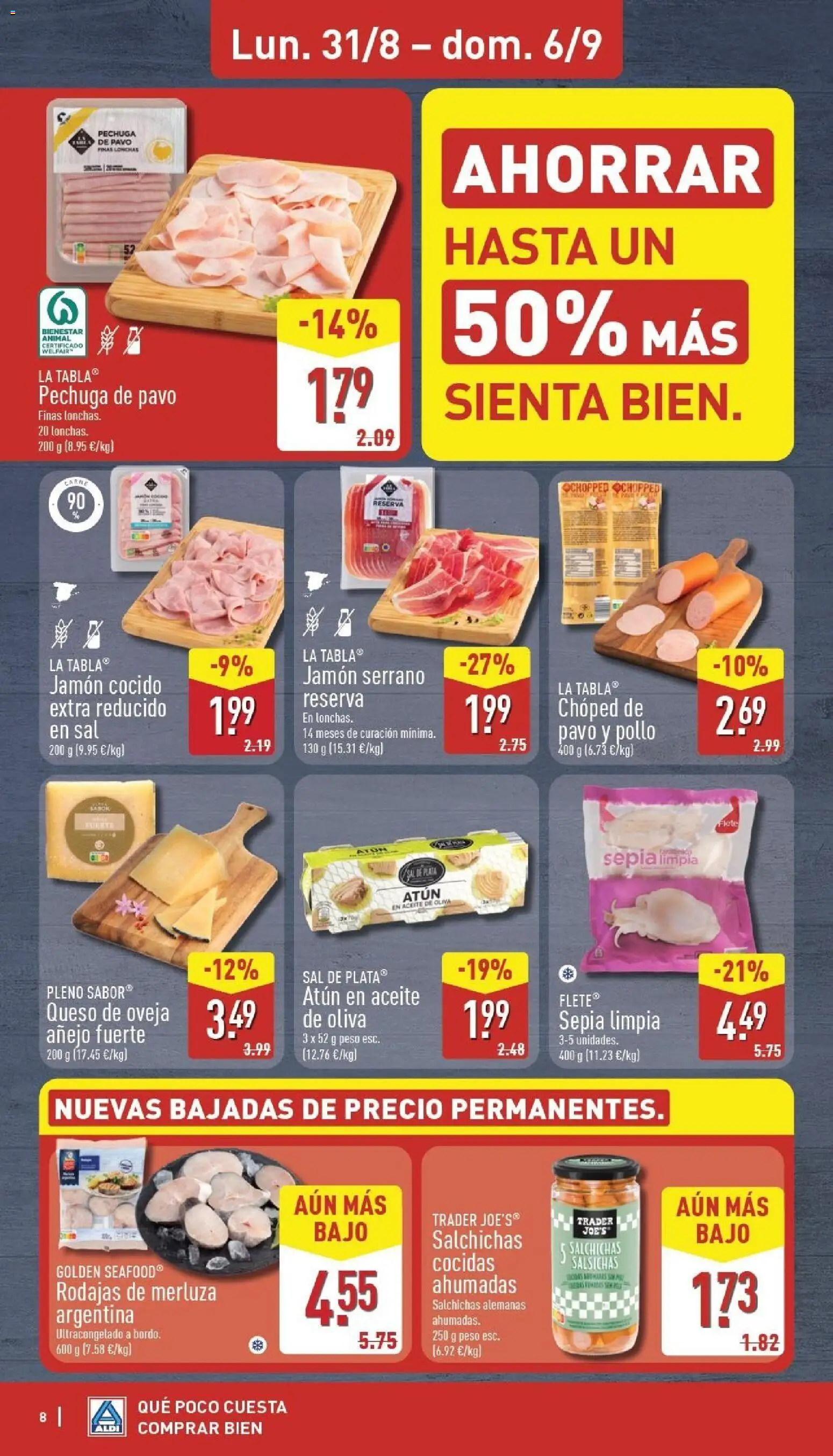 Aldi folleto Canarias │ válido desde el 31/08/2026 | Página: 8 | Productos: Queso, Jamón, Jamón cocido, Peso