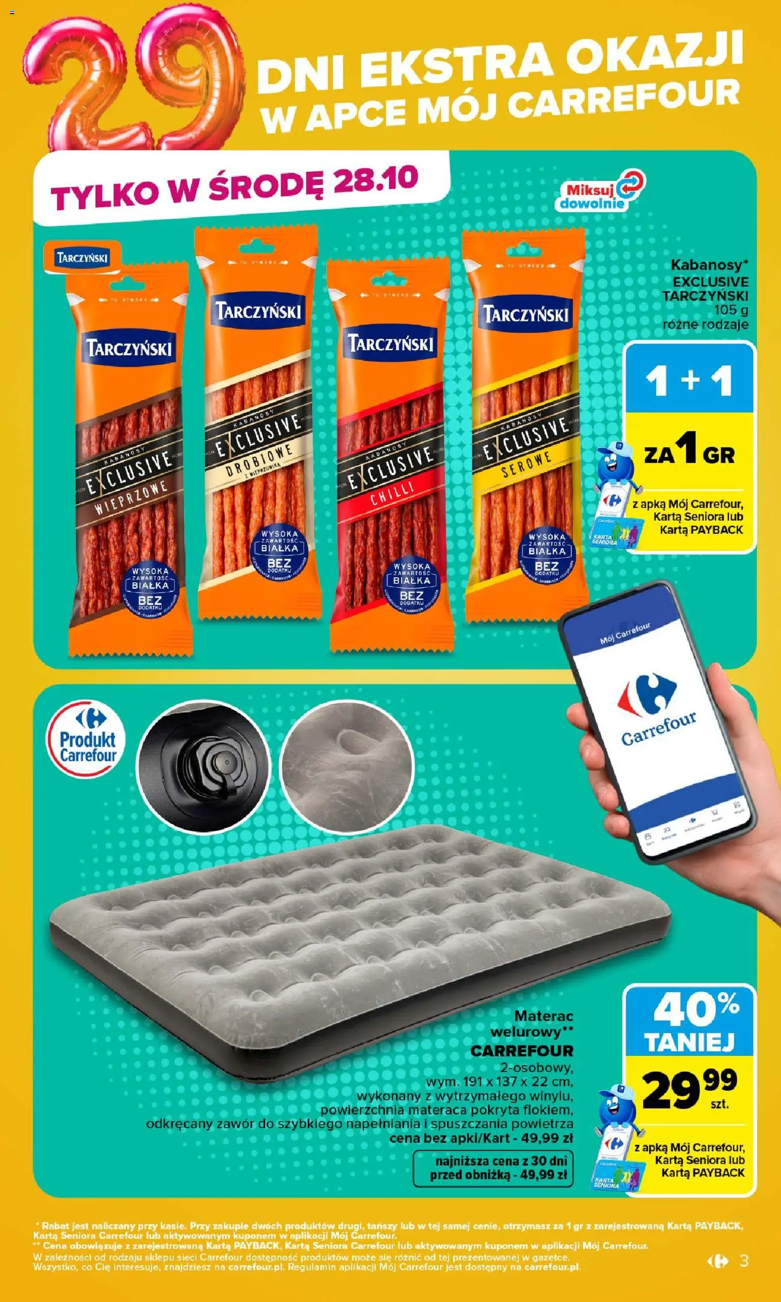 Carrefour gazetka - Market od 26.10.2026 | Strona: 3 | Produkty: Karta, Kabanosy drobiowe, Materac, Wieprzowina