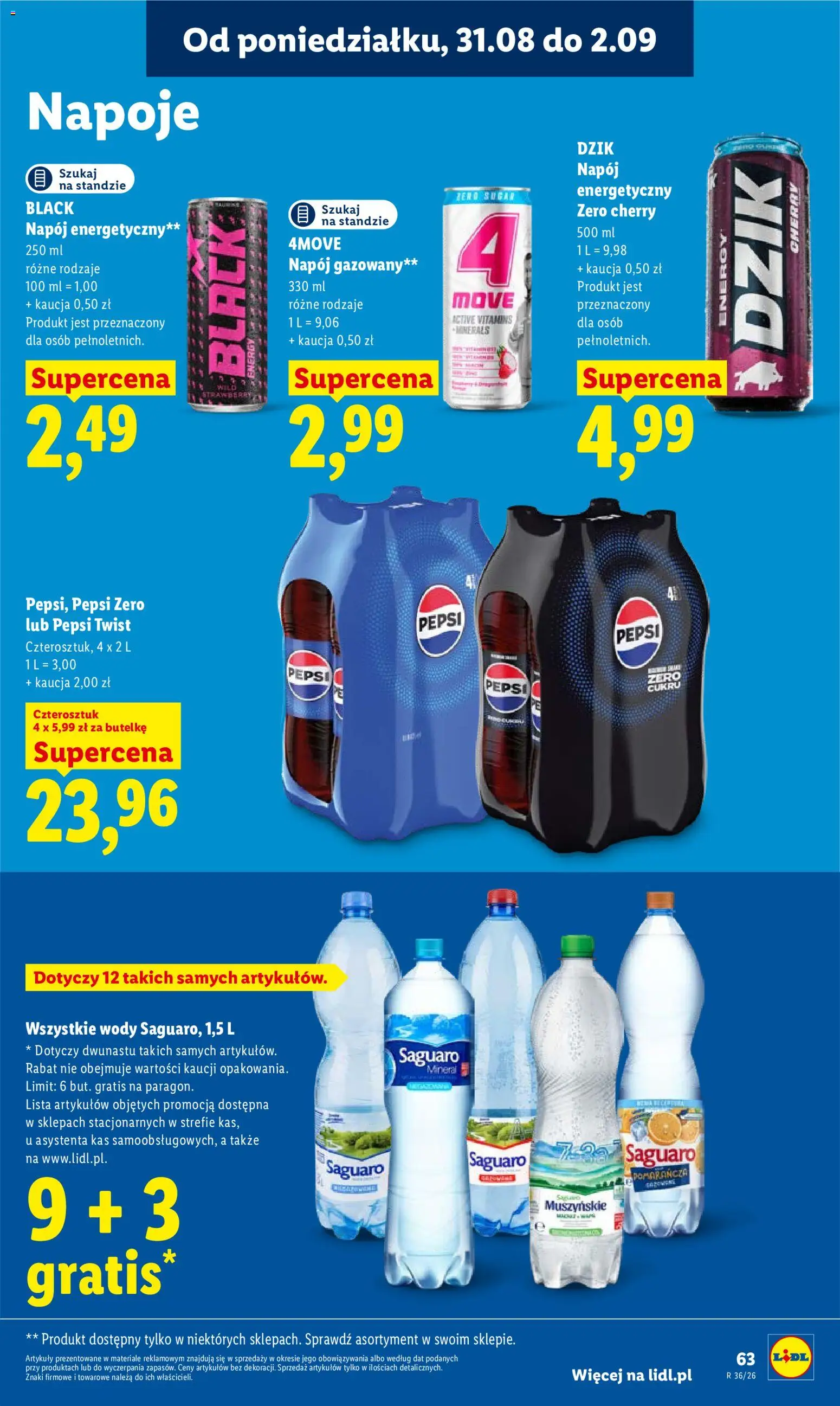 Lidl Polsko leták od 31.08.2026 | Strana: 63 | Produkty: Saguaro, Pepsi, Pepsi Zero, Nápoje