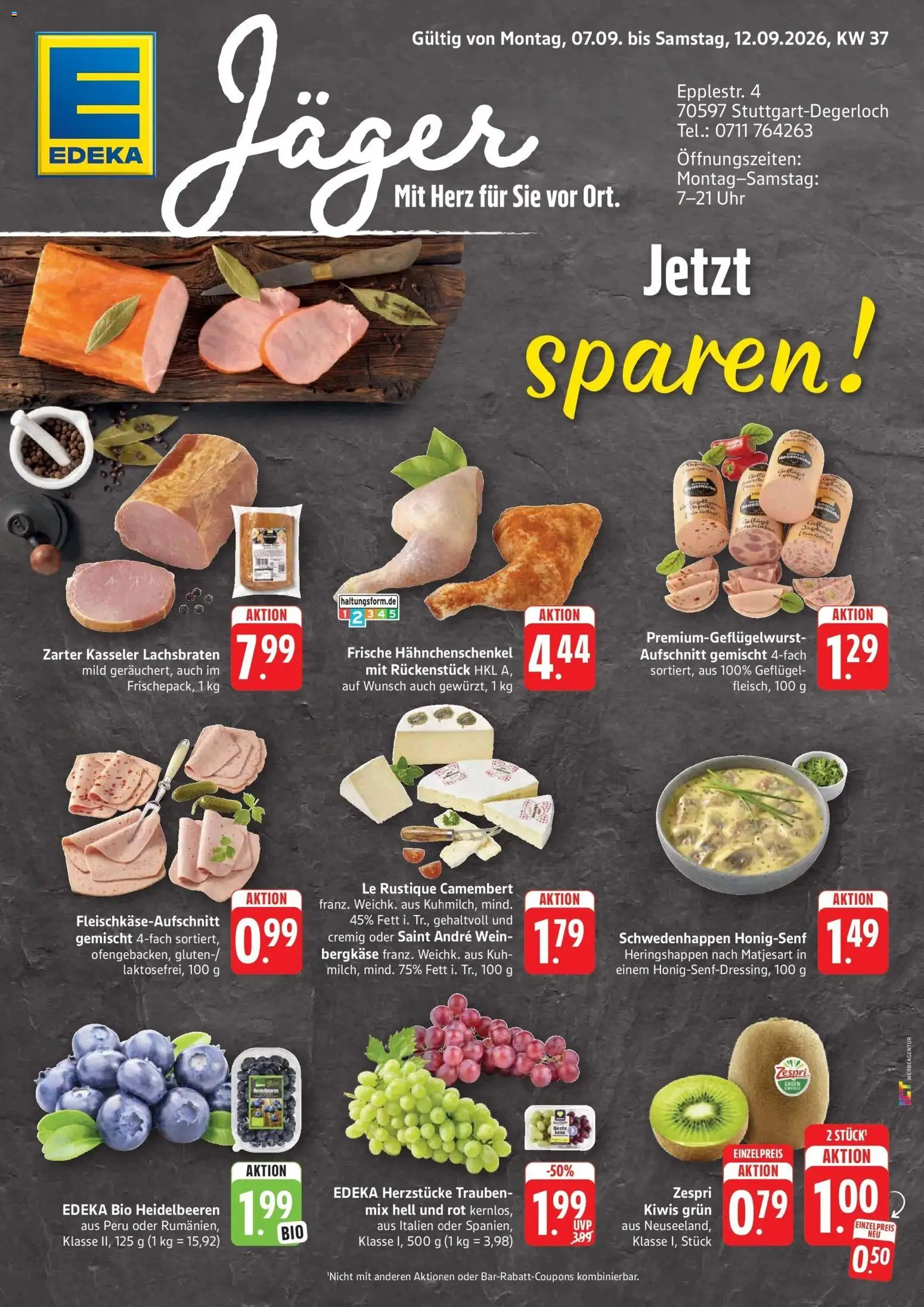 Edeka Prospekt Stuttgart-Degerloch (ab 07.09.2026) » Angebote Online | Seite: 1 | Produkte: Trauben, Heidelbeeren, Camembert, Uhr