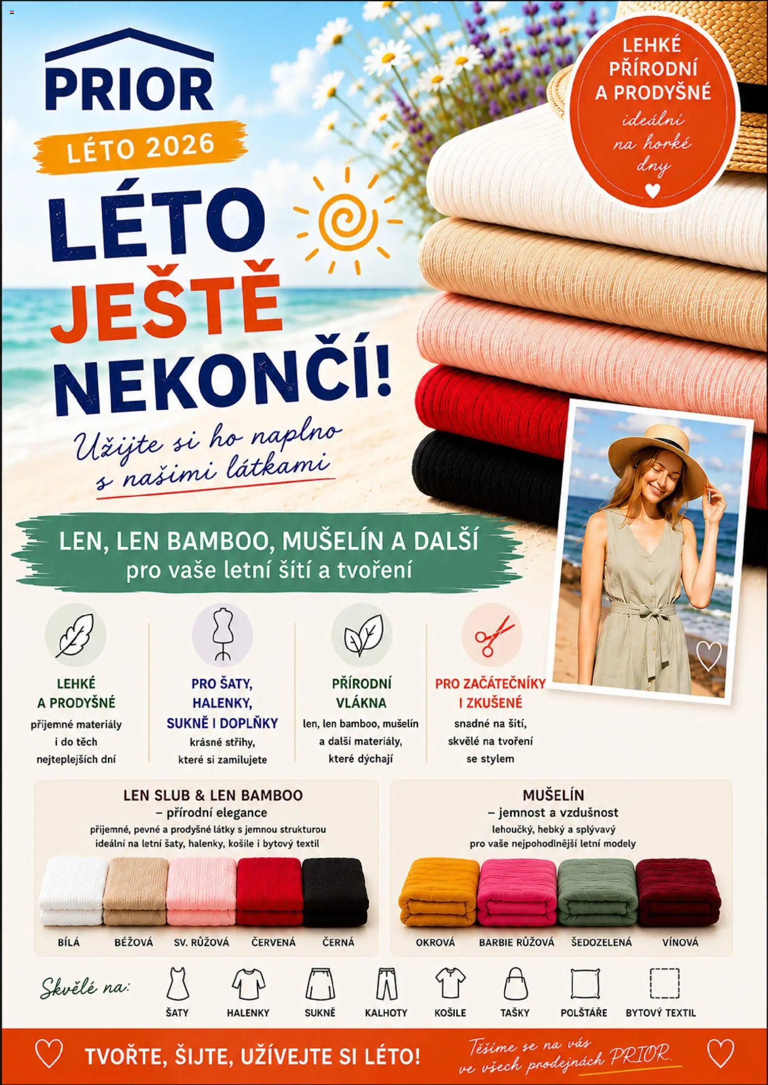 Prior - Nová Kolekce Letních Látek od 17.07.2026 | Strana: 1 | Produkty: Polštáře, Sukně, Kalhoty, Modely
