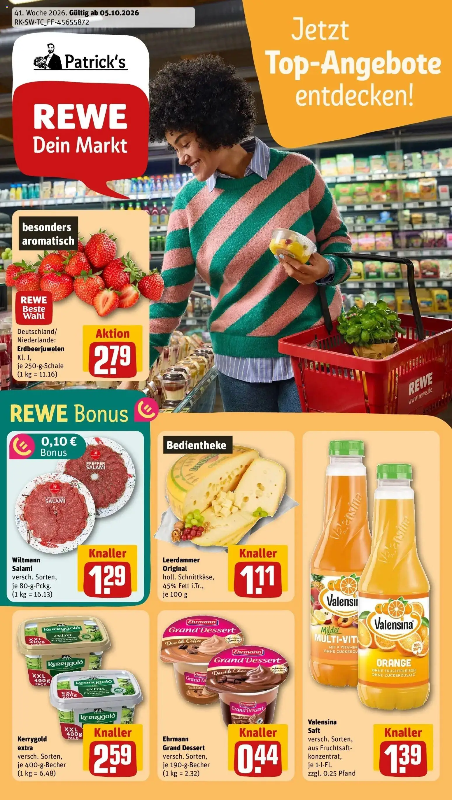 REWE Prospekt ab 05.10.2026 zum Blättern » Angebote | Seite: 1 | Produkte: Butter, Leerdammer, Salami, Saft