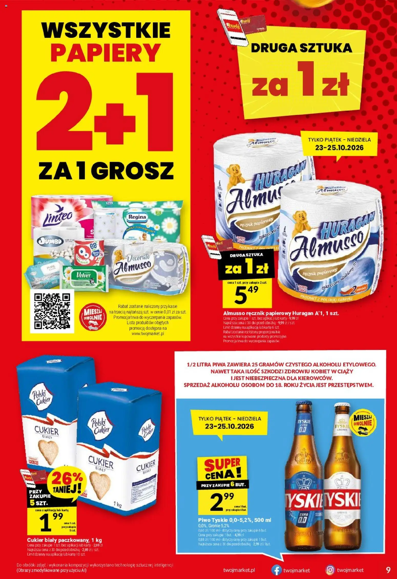 Twój Market gazetka od 21.10.2026 | Strona: 9 | Produkty: Tyskie, Cukier biały, Róż, Ręcznik papierowy