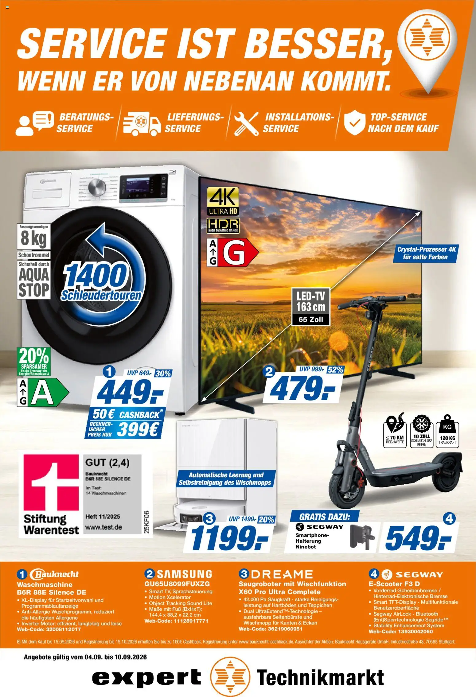 Expert Prospekt – gültig ab 04.09.2026 | Seite: 1 | Produkte: Waschmaschine, Scooter, Samsung, Smartphone