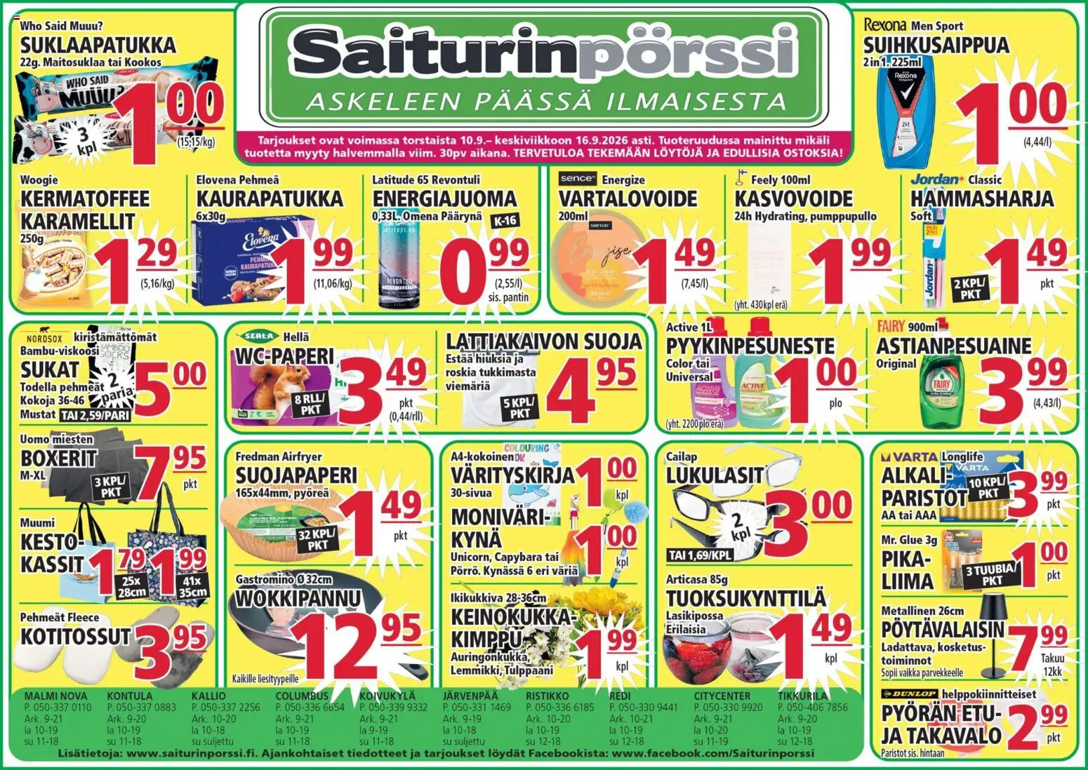 Saiturinpörssi tarjoukset – voimassa 10/09/2026 alkaen | Sivu: 1 | Tuotteet: Hella, Vartalovoide, Hammasharja, Pöytävalaisin
