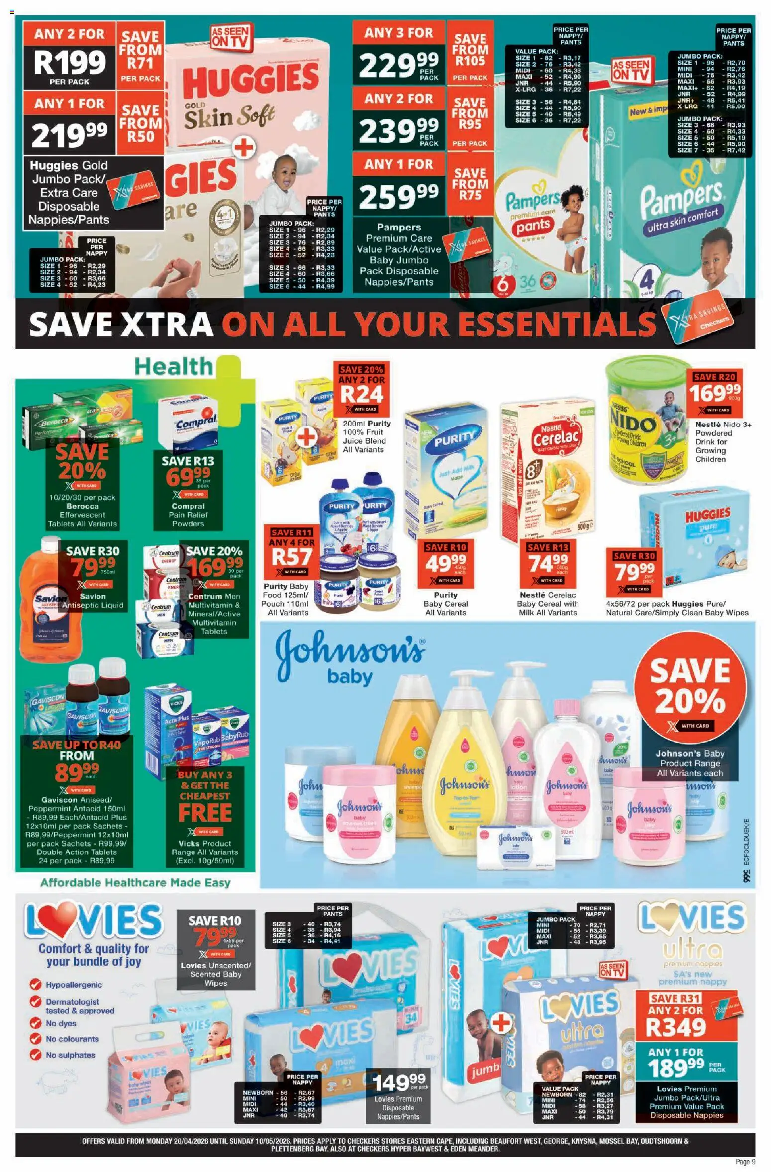 New Checkers catalogue – valid from 20.04.2026 | Page: 9 | Products: Antiseptic liquid, Milk, Juice, Fruit