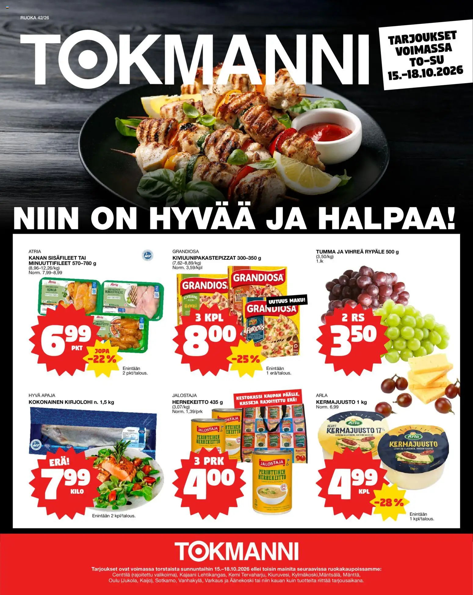Tokmanni Ruokasanomat – voimassa 15/10/2026 alkaen | Sivu: 1 | Tuotteet: Kokonainen, Kermajuusto, Hernekeitto, Hunaja
