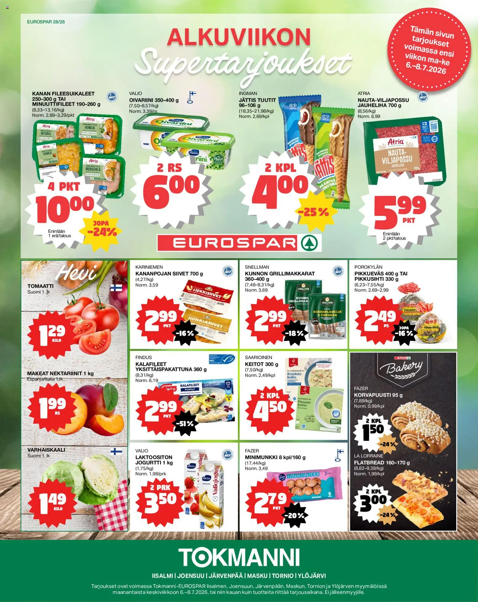 Tokmanni - EUROSPAR – voimassa 06/07/2026 alkaen | Sivu: 1 | Tuotteet: Kirjolohi, Cheddar, Jogurtti, Hunaja