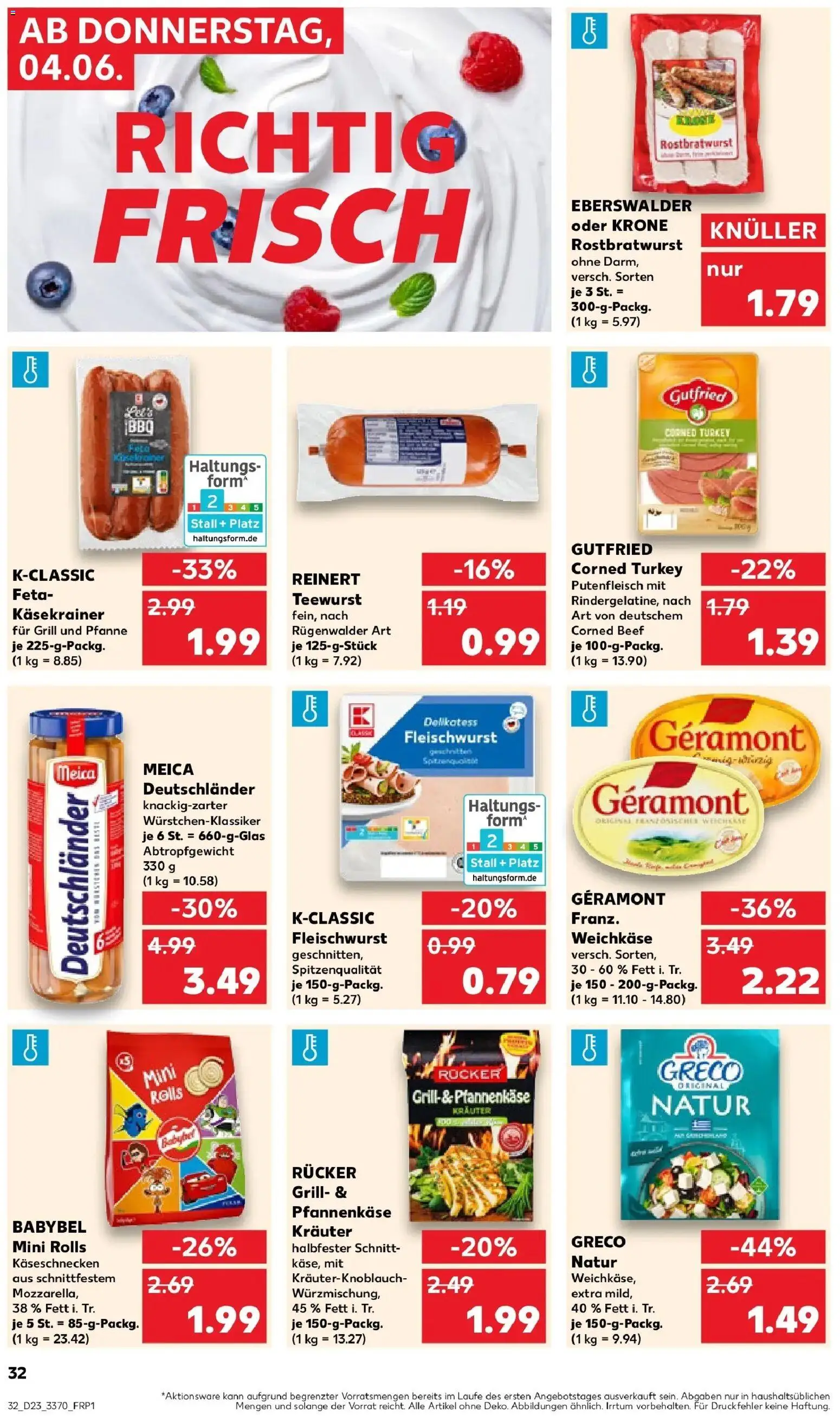 Kaufland Prospekt Bad Salzungen – gültig ab 04.06.2026 | Seite: 32 | Produkte: Bratwurst, Käsekrainer, Meica, Babybel
