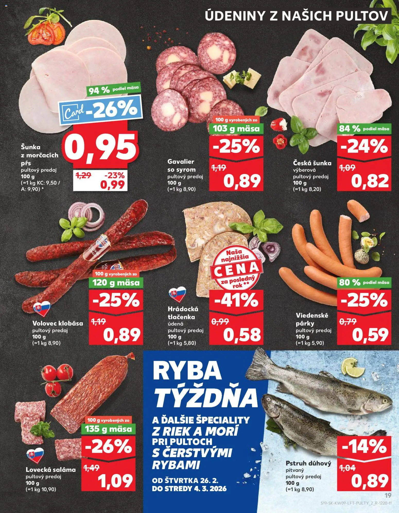 Nové Kaufland akcie – leták je platný od 26.02.2026 | Strana: 19 | Produkty: Klobása, Ryba, Špeciality, Údeniny