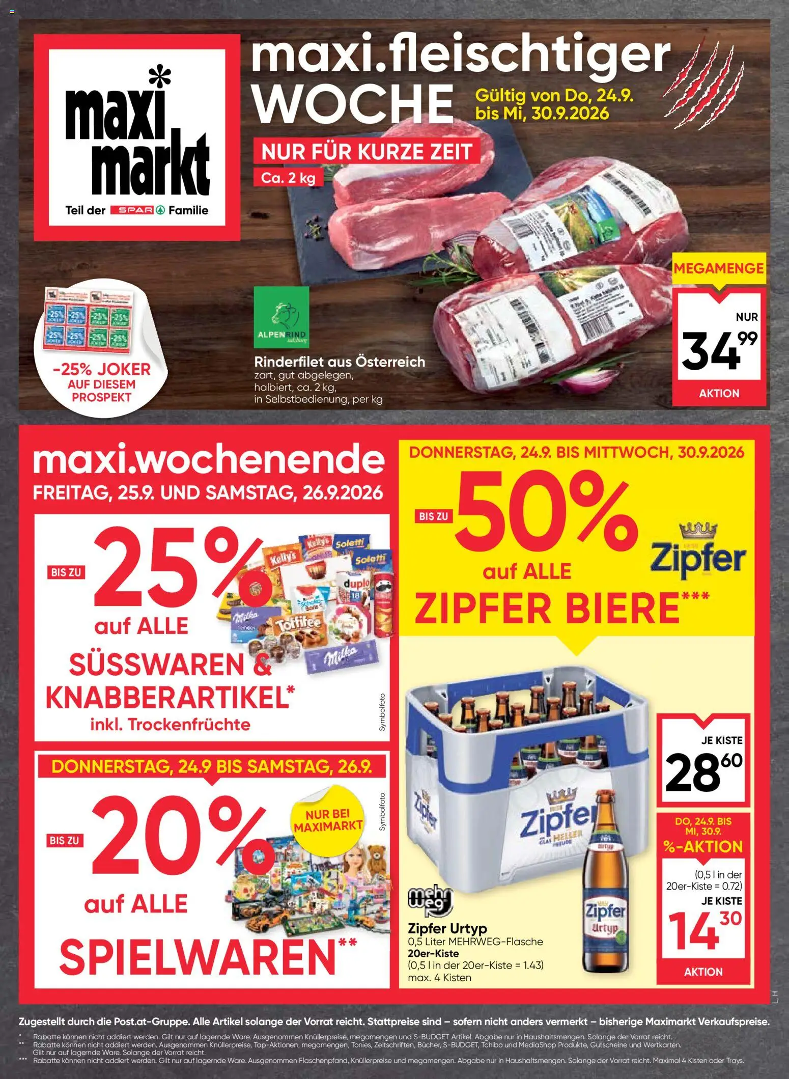 Maximarkt Flugblatt gültig ab 24.09.2026 | Seite: 1 | Produkte: Trockenfrüchte, Rinderfilet, Süßwaren