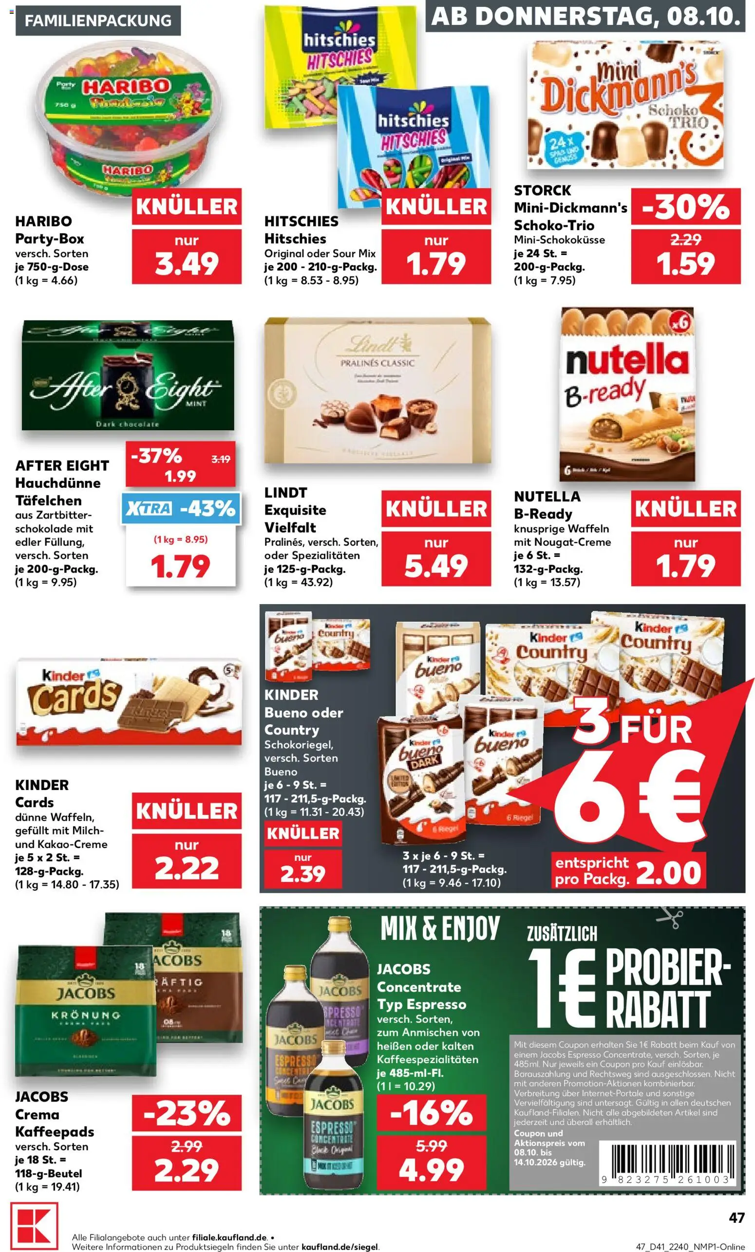 Kaufland Německo leták od 08.10.2026 | Strana: 47 | Produkty: Haribo, Crema, Kinder Bueno, After Eight