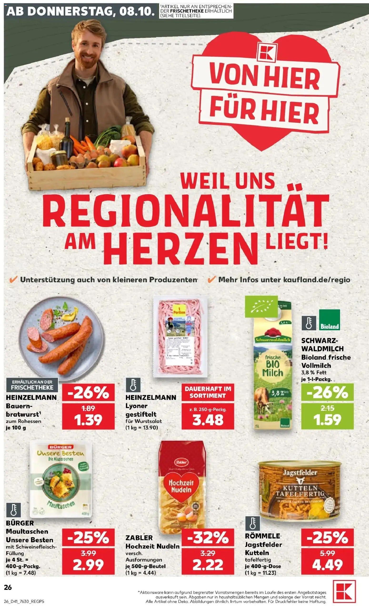 Prospekt Kaufland ab 08.10.2026 » Angebote Online zum Blättern | Seite: 26 | Produkte: Milch, Burger, Schweinefleisch, Maultaschen