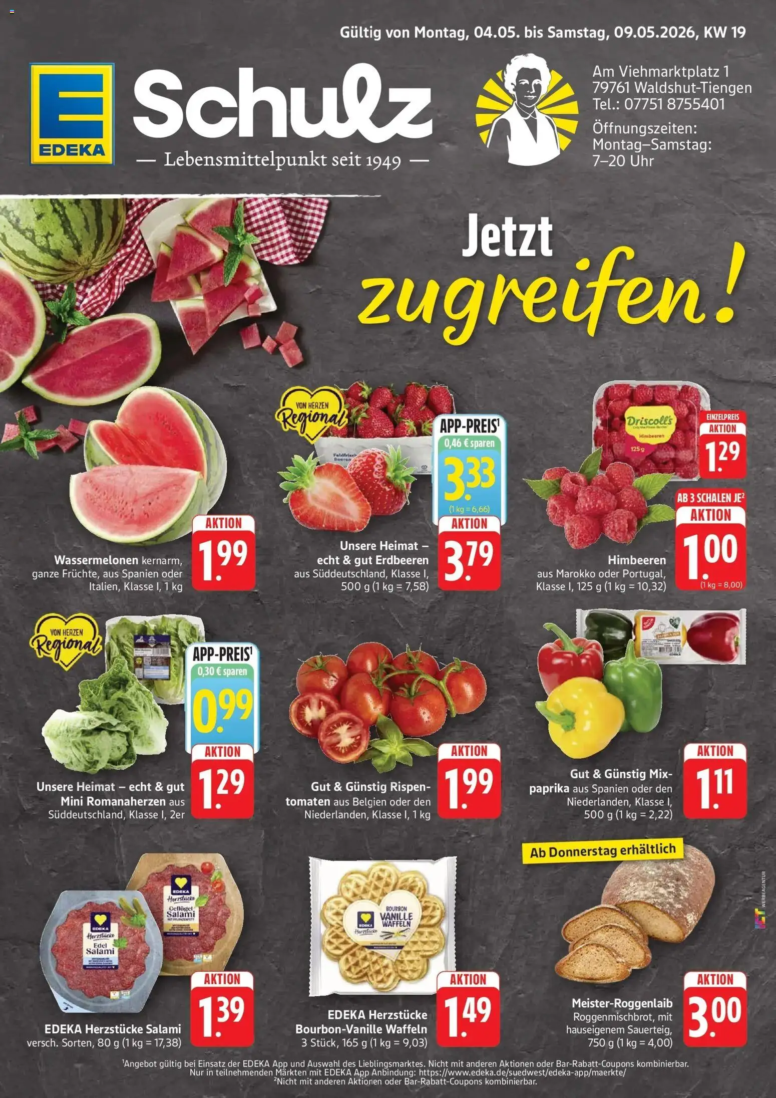 Edeka prospekt Waldshut-Tiengen	 – gültig ab 04.05.2026 | Seite: 1 | Produkte: Himbeeren, Paprika, Salami, Uhr