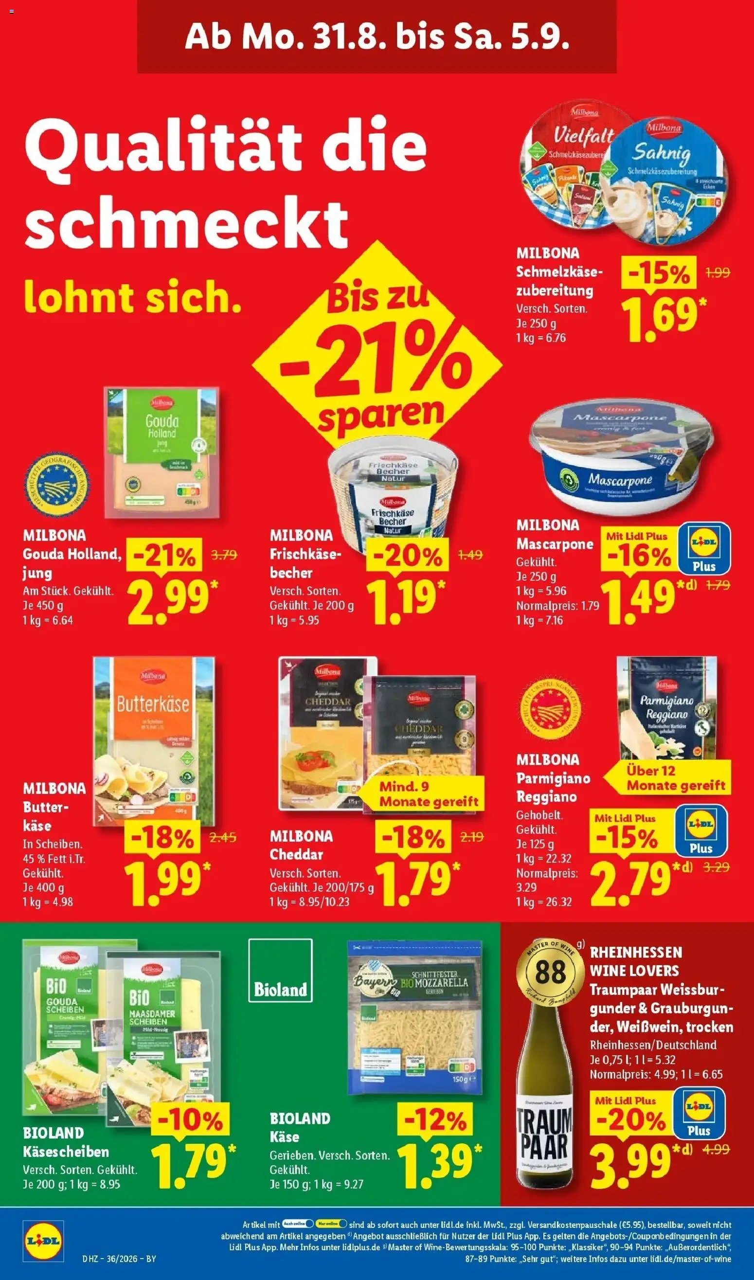 Lidl Prospekt Hof-innenstadt (ab 31.08.2026) zum Blättern » Angebote | Seite: 20 | Produkte: Käse, Mascarpone, Mozzarella, Gouda