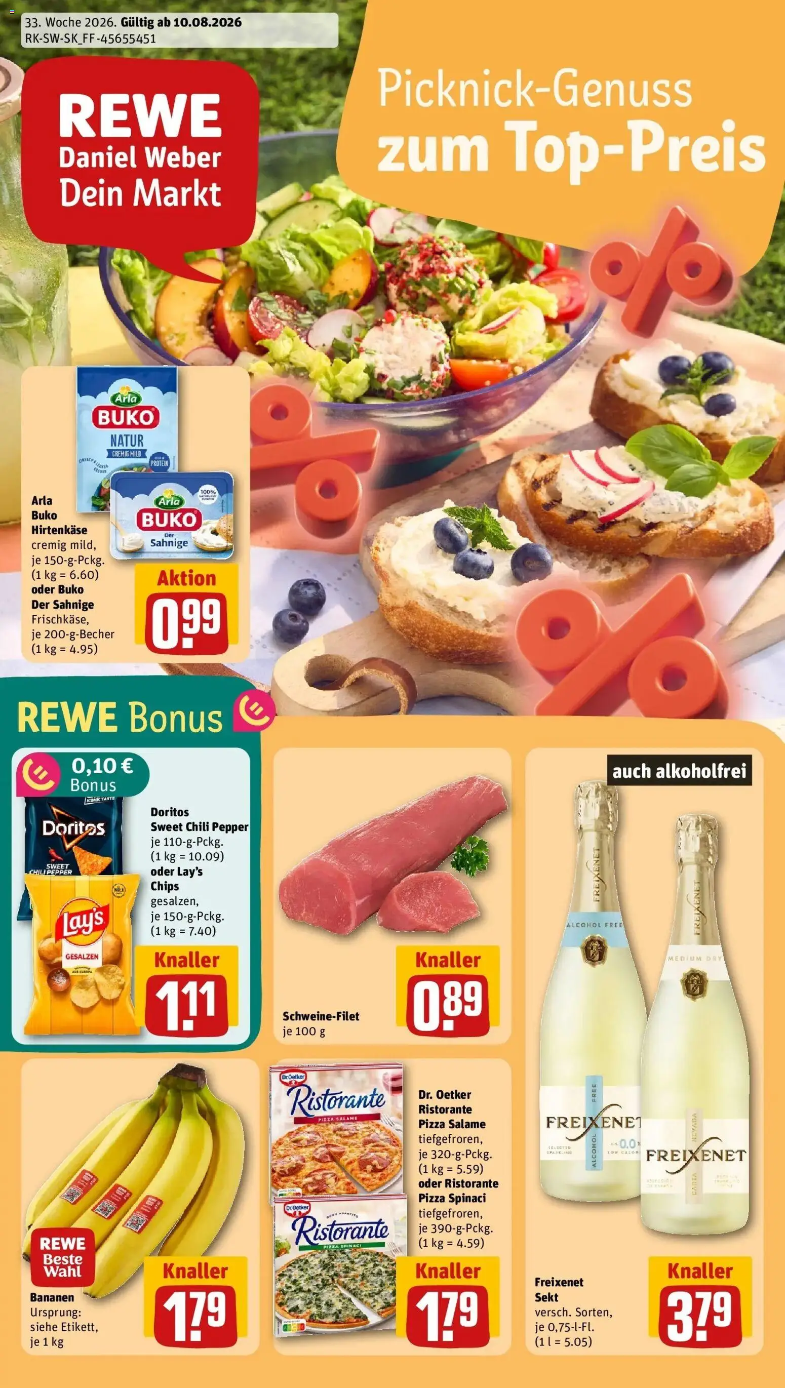 REWE Prospekt ab 10.08.2026 zum Blättern » Angebote | Seite: 1 | Produkte: Freixenet, Ipad, Bananen, Pizza