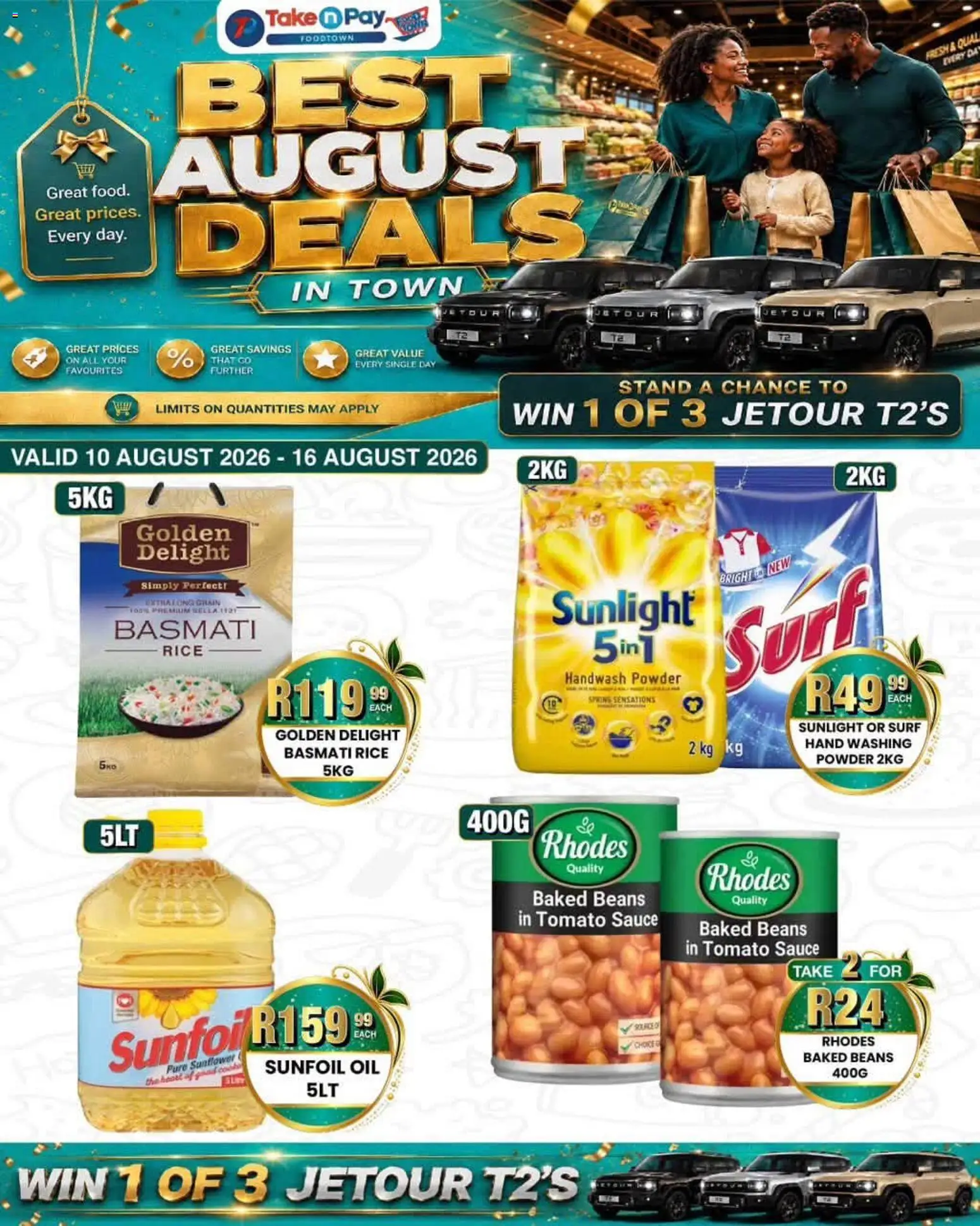 New Take n Pay catalogue – valid from 10/08/2026 | Page: 1 | Products: Beans, Baked beans, Tomato sauce, Washing powder