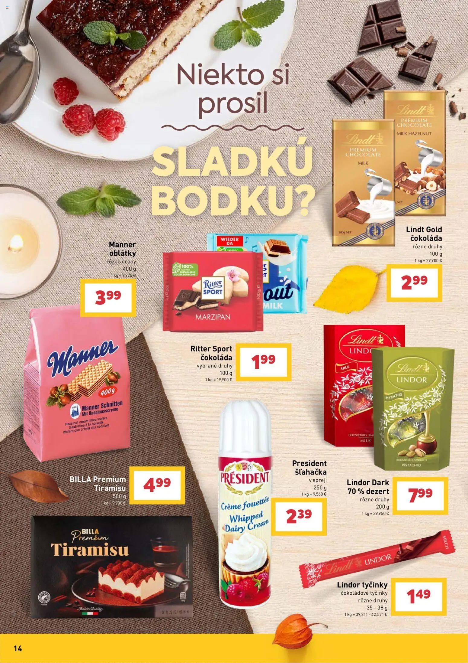 Nové Billa akcie – leták je platný od 09.09.2026 | Strana: 14 | Produkty: Lindt, Oblátky, Šľahačka v spreji, Šľahačka