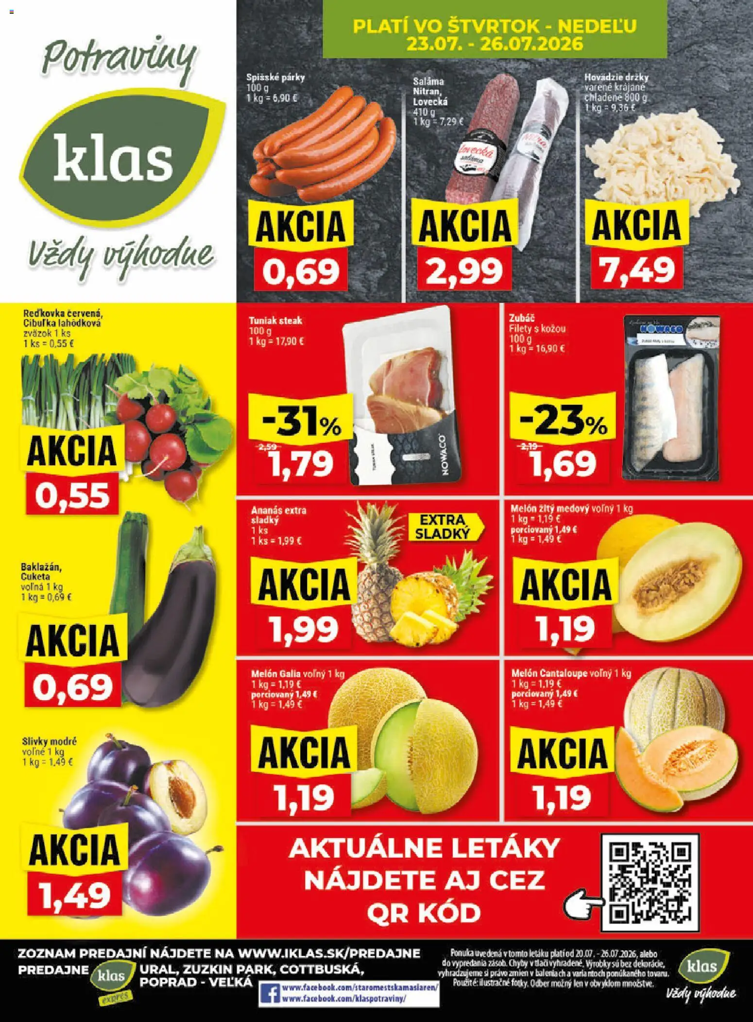 Nové Klas akcie – leták je platný od 20.07.2026 | Strana: 29 | Produkty: Saláma, Ananás, Tuniak steak, Slivky